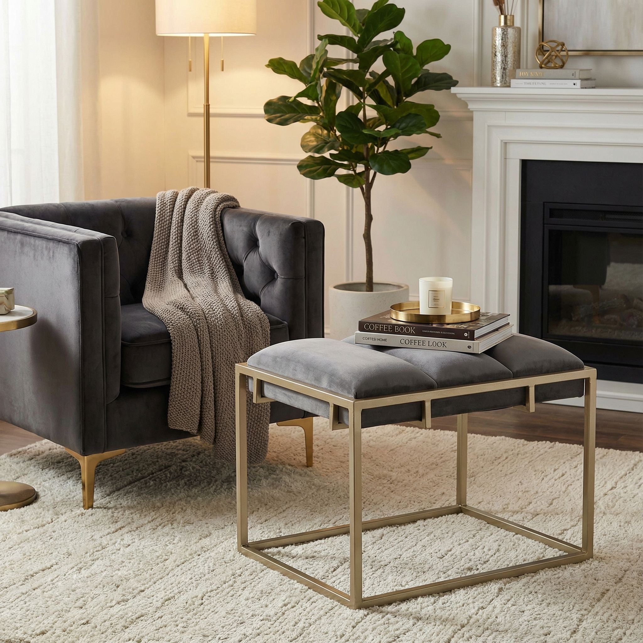 Bourne Rectangular Ottoman 20", Gray Velvet and Champagne Gold Metal