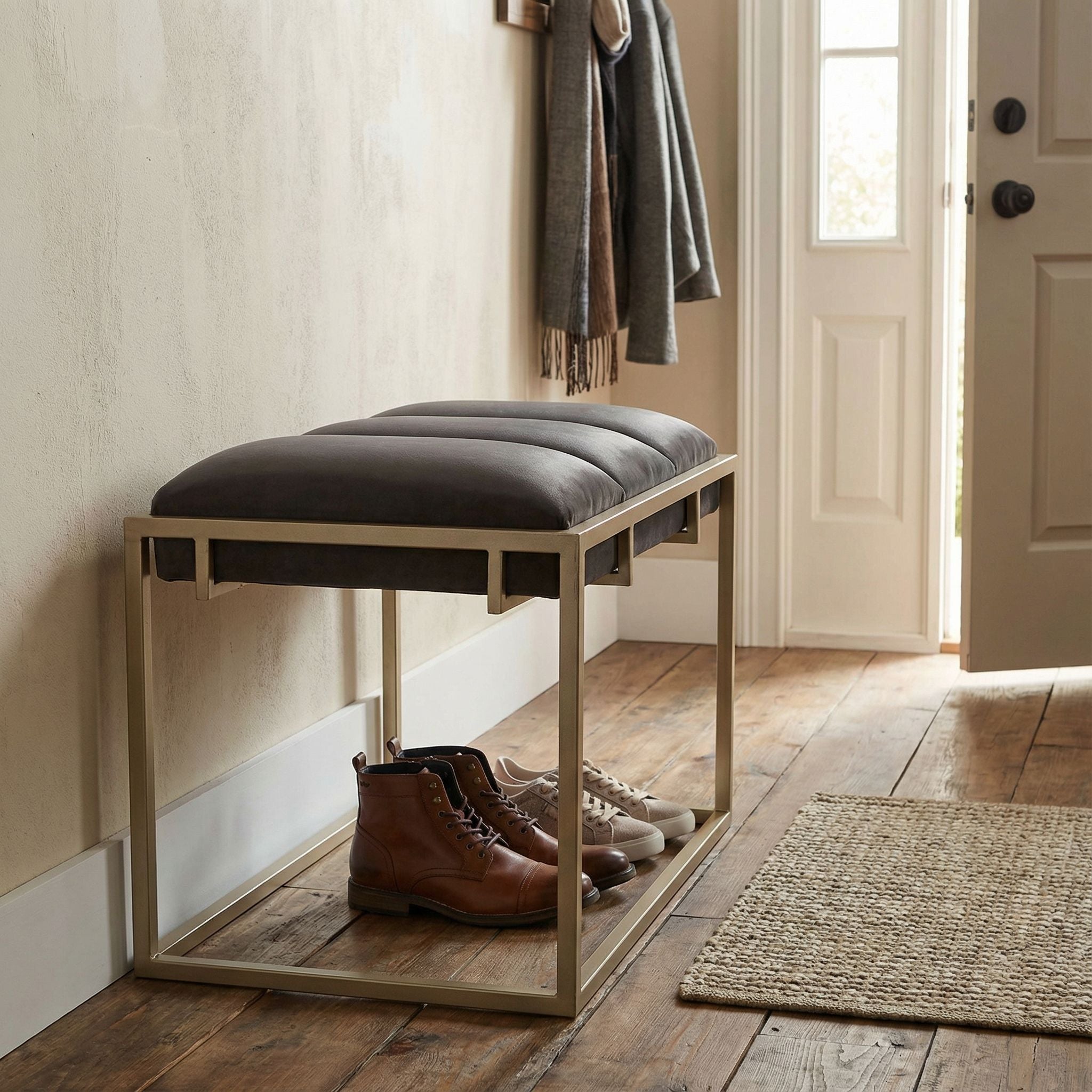 Bourne Rectangular Ottoman 20", Gray Velvet and Champagne Gold Metal