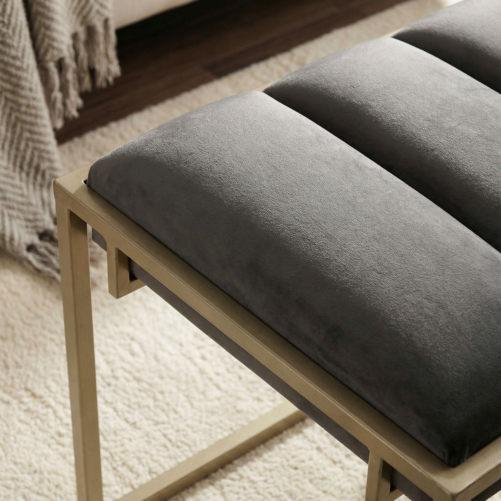 Bourne Rectangular Ottoman 20", Gray Velvet and Champagne Gold Metal