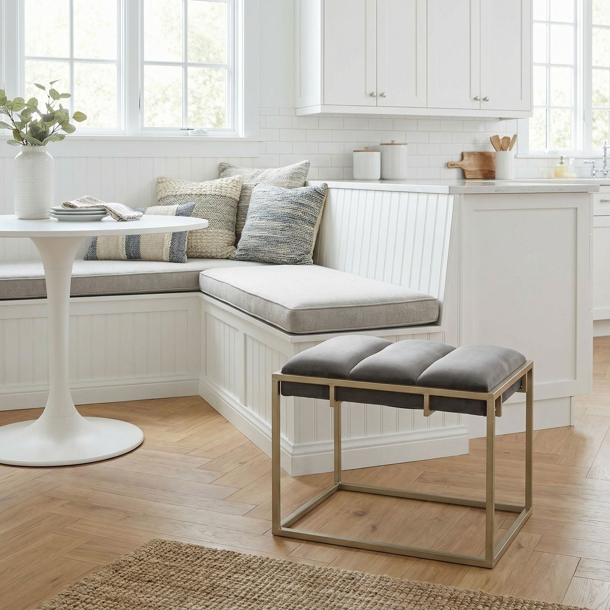 Bourne Rectangular Ottoman 20", Gray Velvet and Champagne Gold Metal