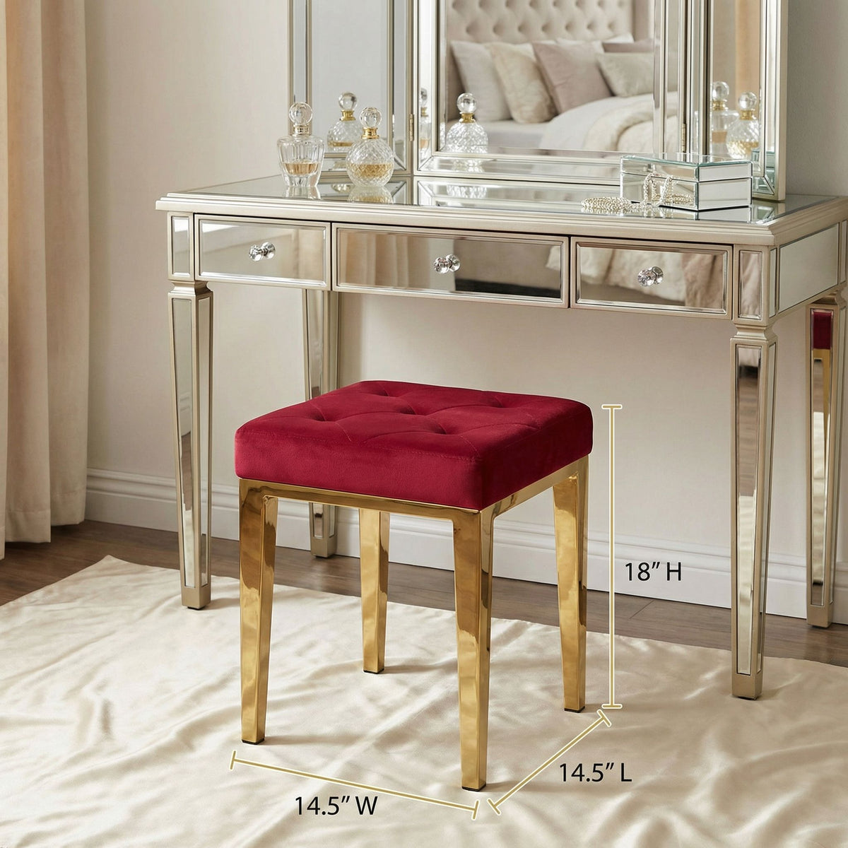 Leeds Square Vanity Ottoman in Pink Velvet, Brushed Gold
