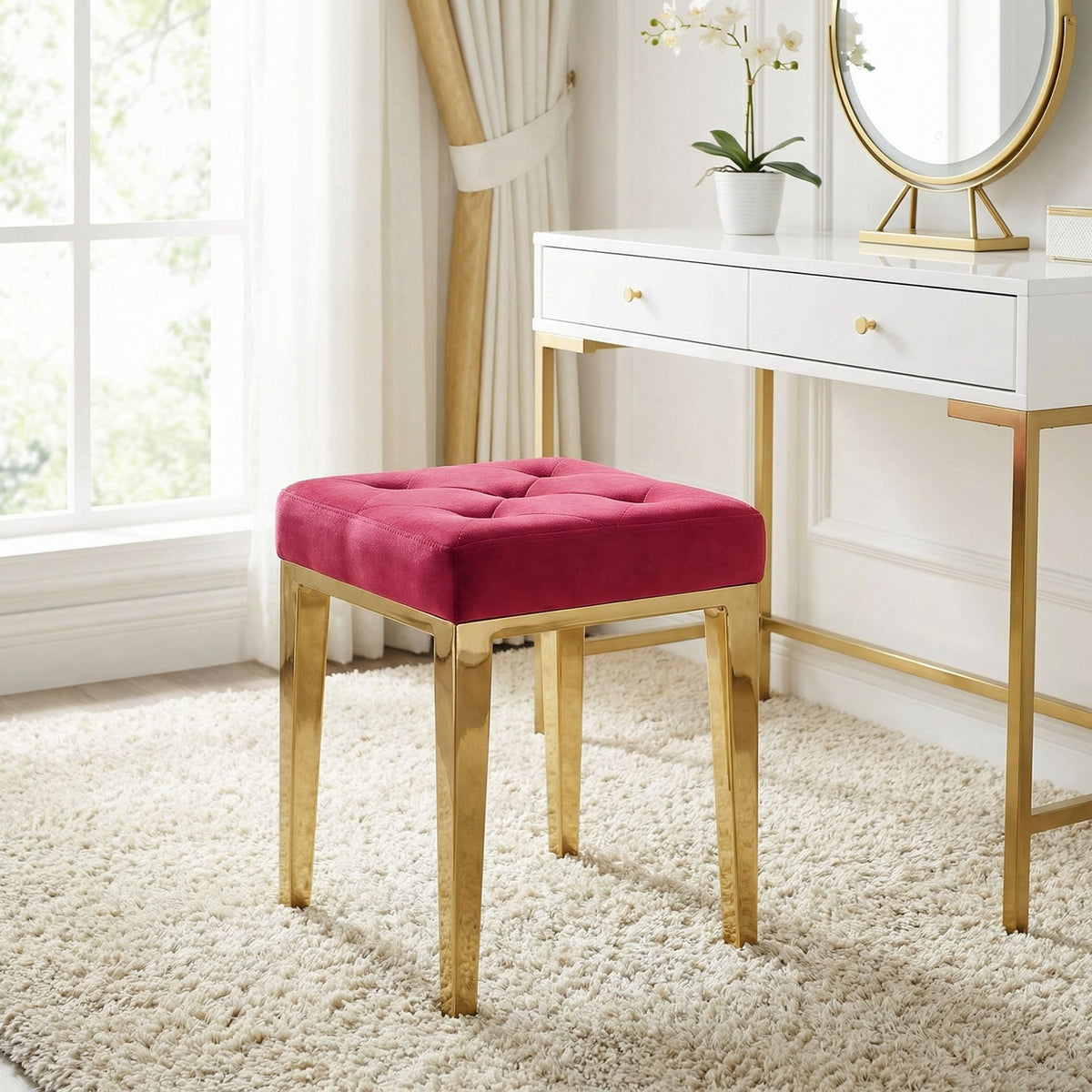 Leeds Square Vanity Ottoman in Pink Velvet, Brushed Gold