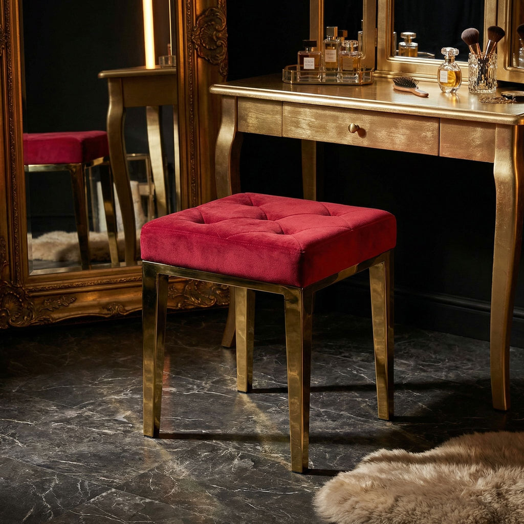 Leeds Square Vanity Ottoman in Pink Velvet, Brushed Gold