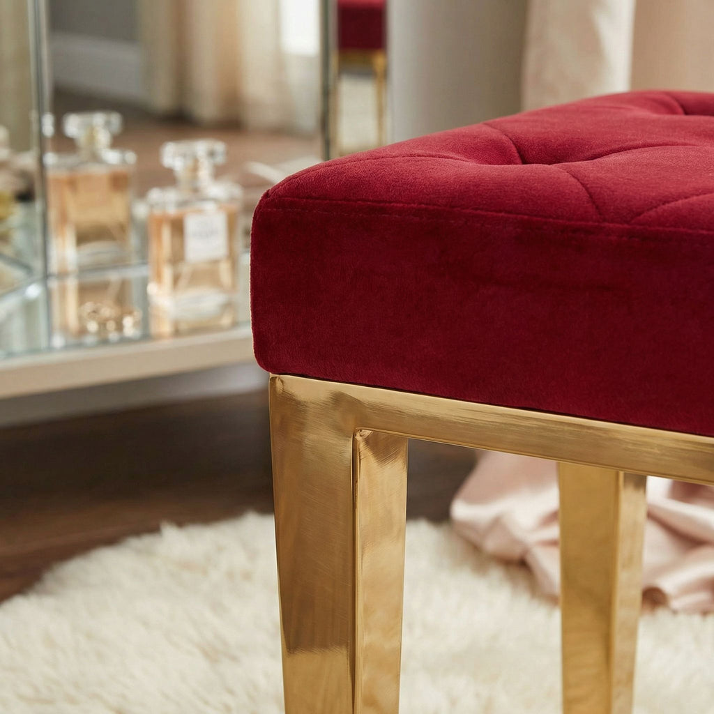 Leeds Square Vanity Ottoman in Pink Velvet, Brushed Gold