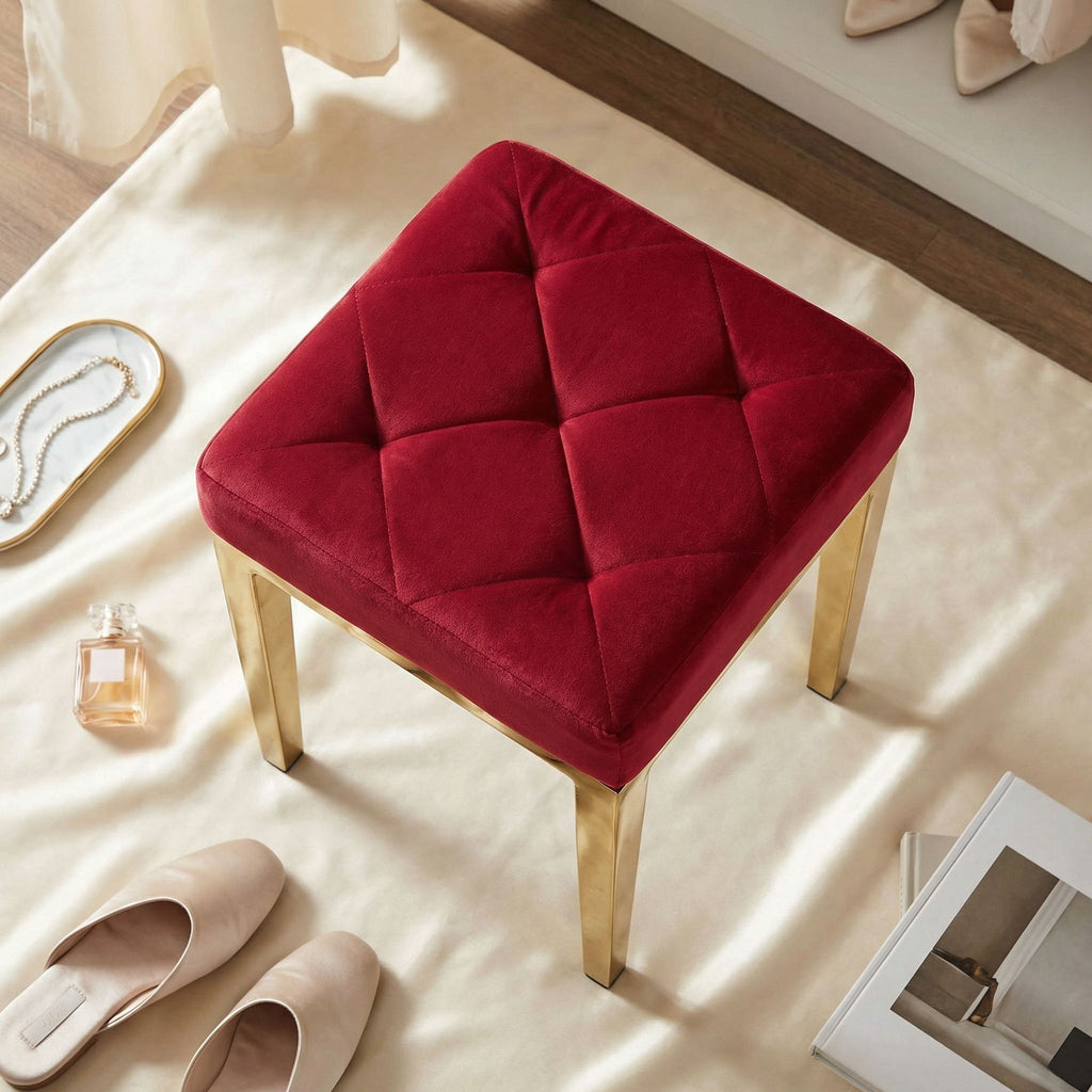 Leeds Square Vanity Ottoman in Pink Velvet, Brushed Gold