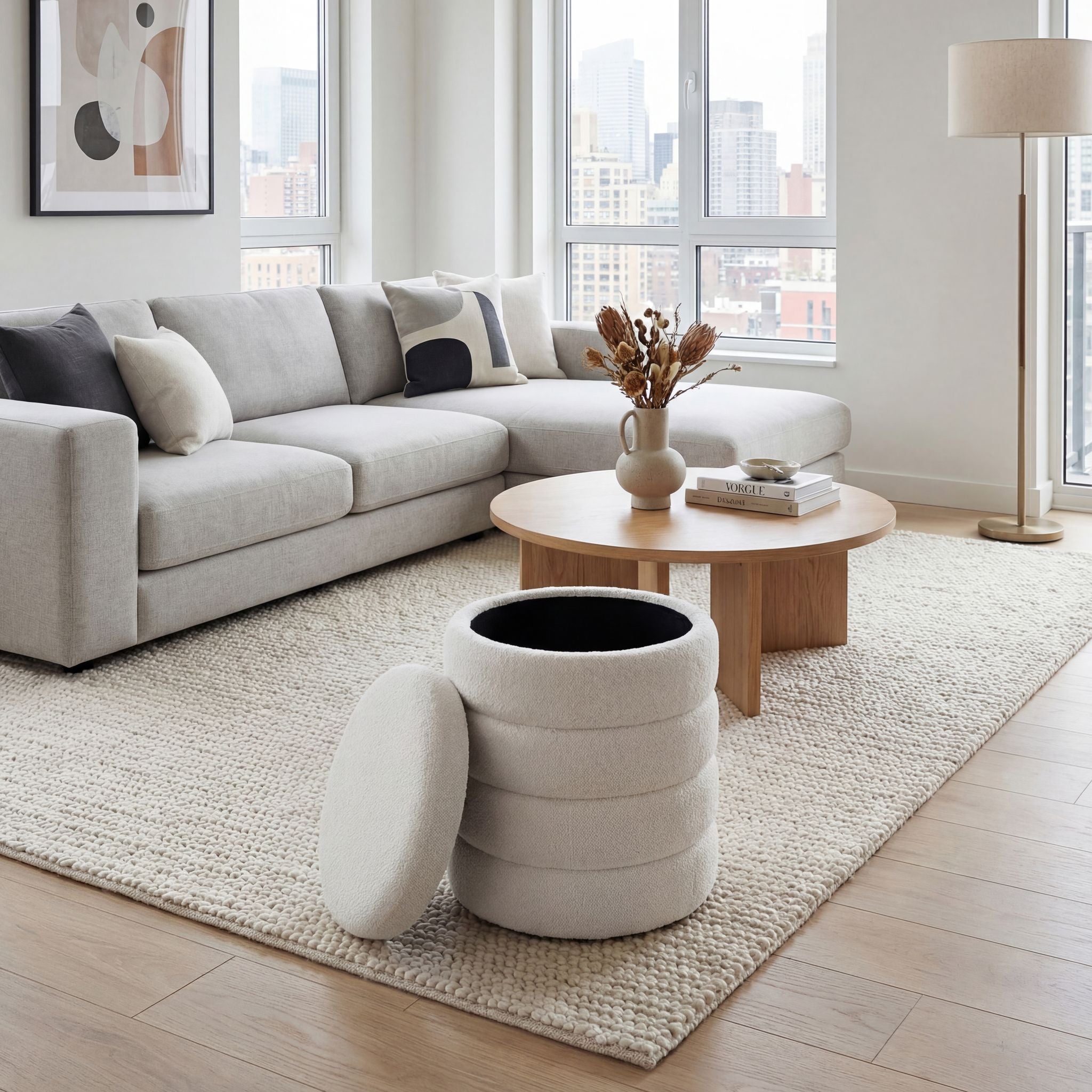 Morcant Cylindrical Storage Ottoman, Light Grey