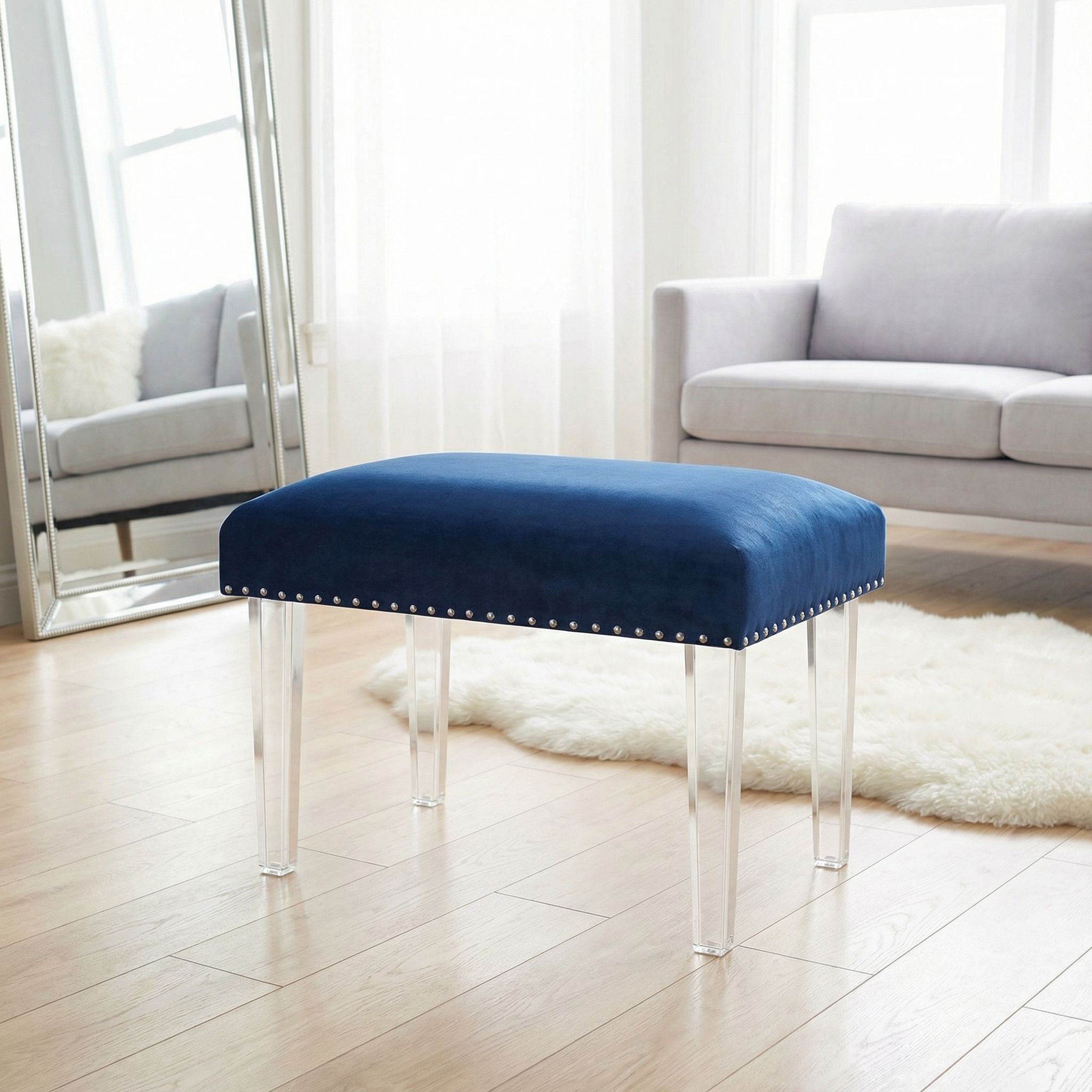 Whitecrest Bench Ottoman with Clear Acrylic Legs 24", Blue Velvet