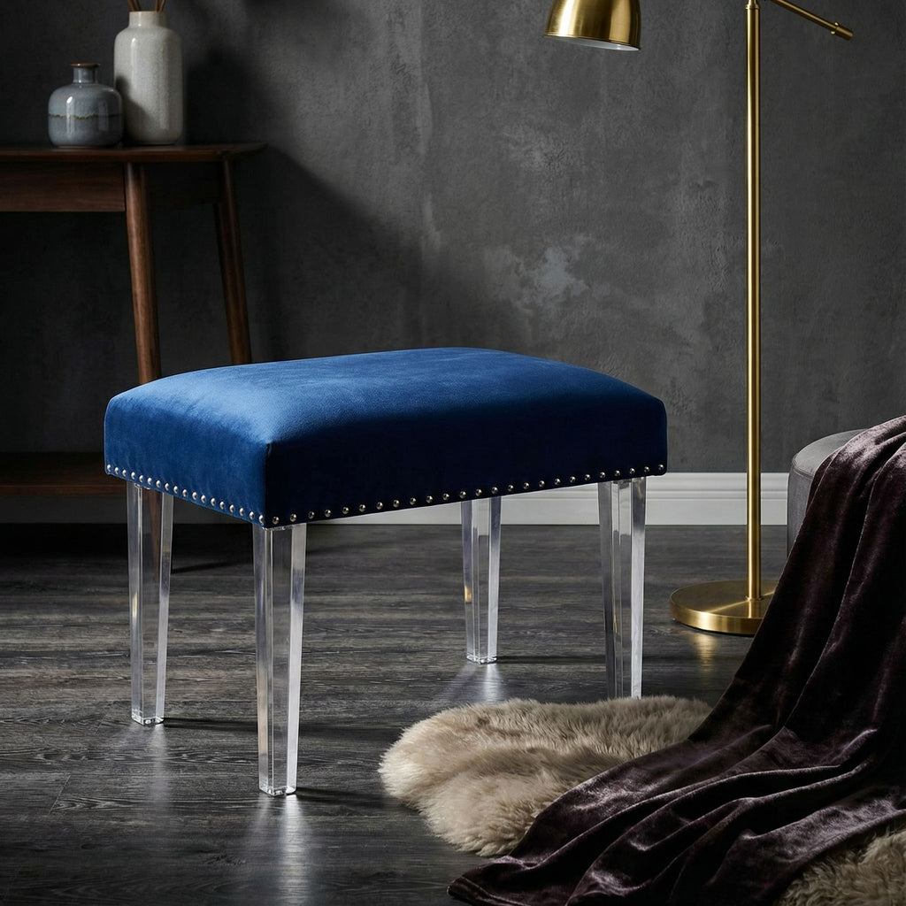 Whitecrest Bench Ottoman with Clear Acrylic Legs 24", Blue Velvet