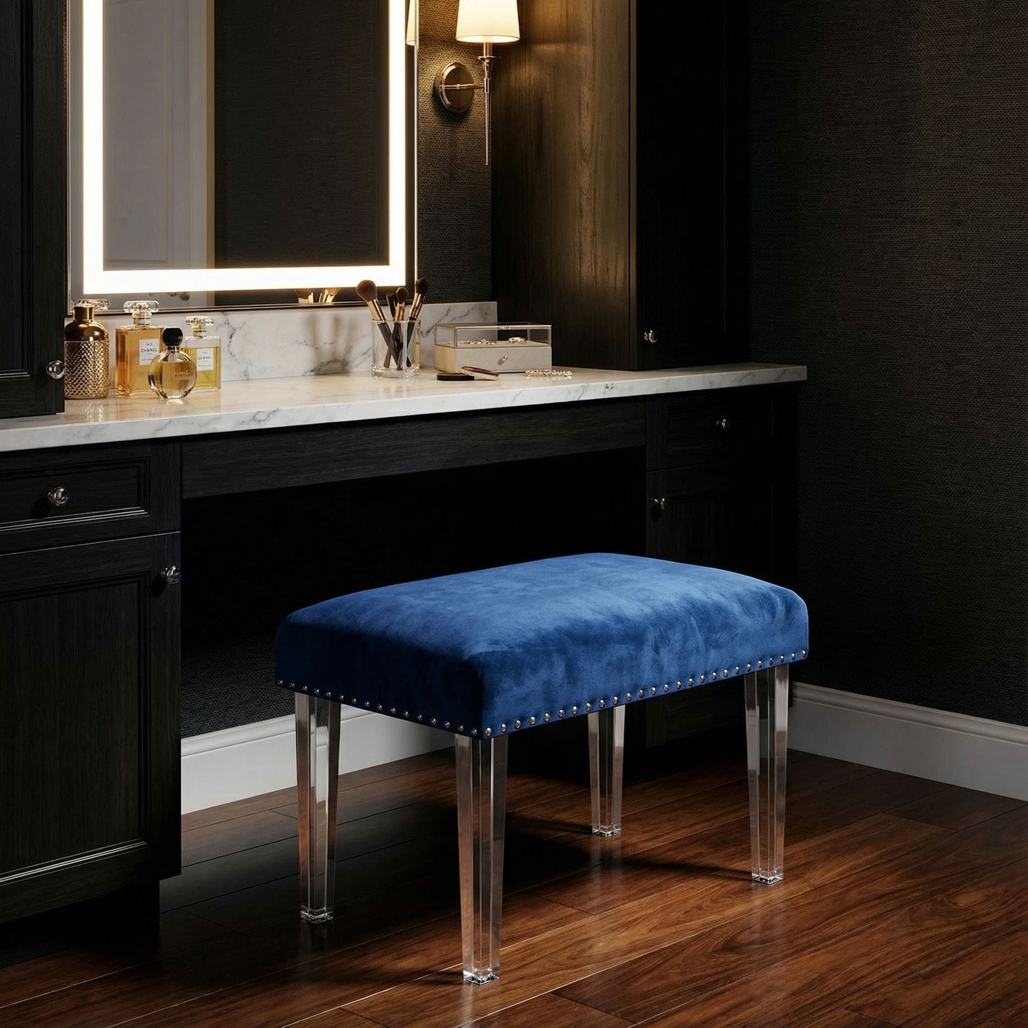 Whitecrest Bench Ottoman with Clear Acrylic Legs 24", Blue Velvet