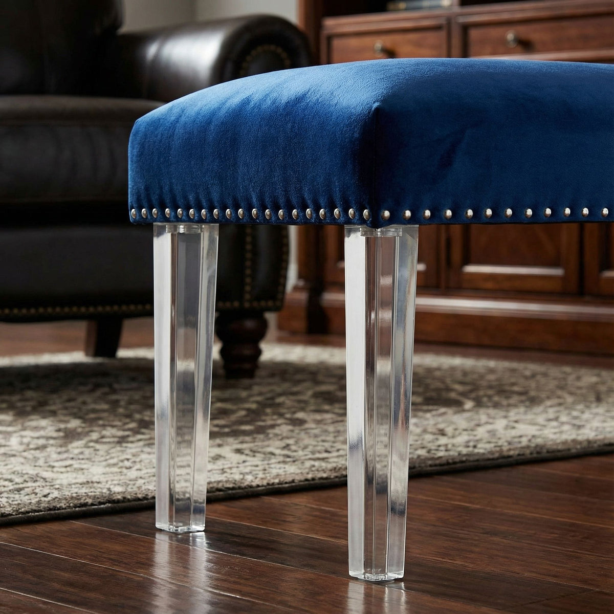 Whitecrest Bench Ottoman with Clear Acrylic Legs 24", Blue Velvet