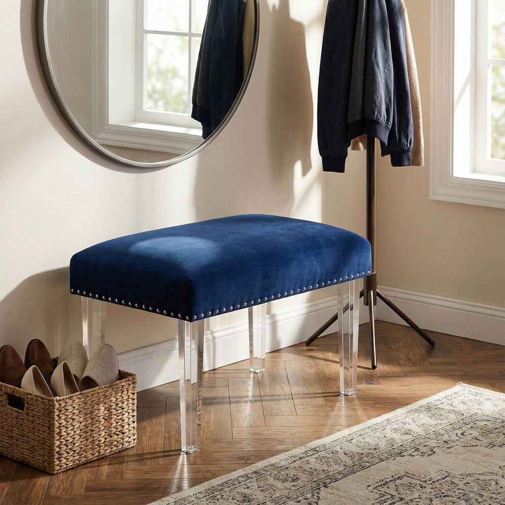 Whitecrest Bench Ottoman with Clear Acrylic Legs 24", Blue Velvet