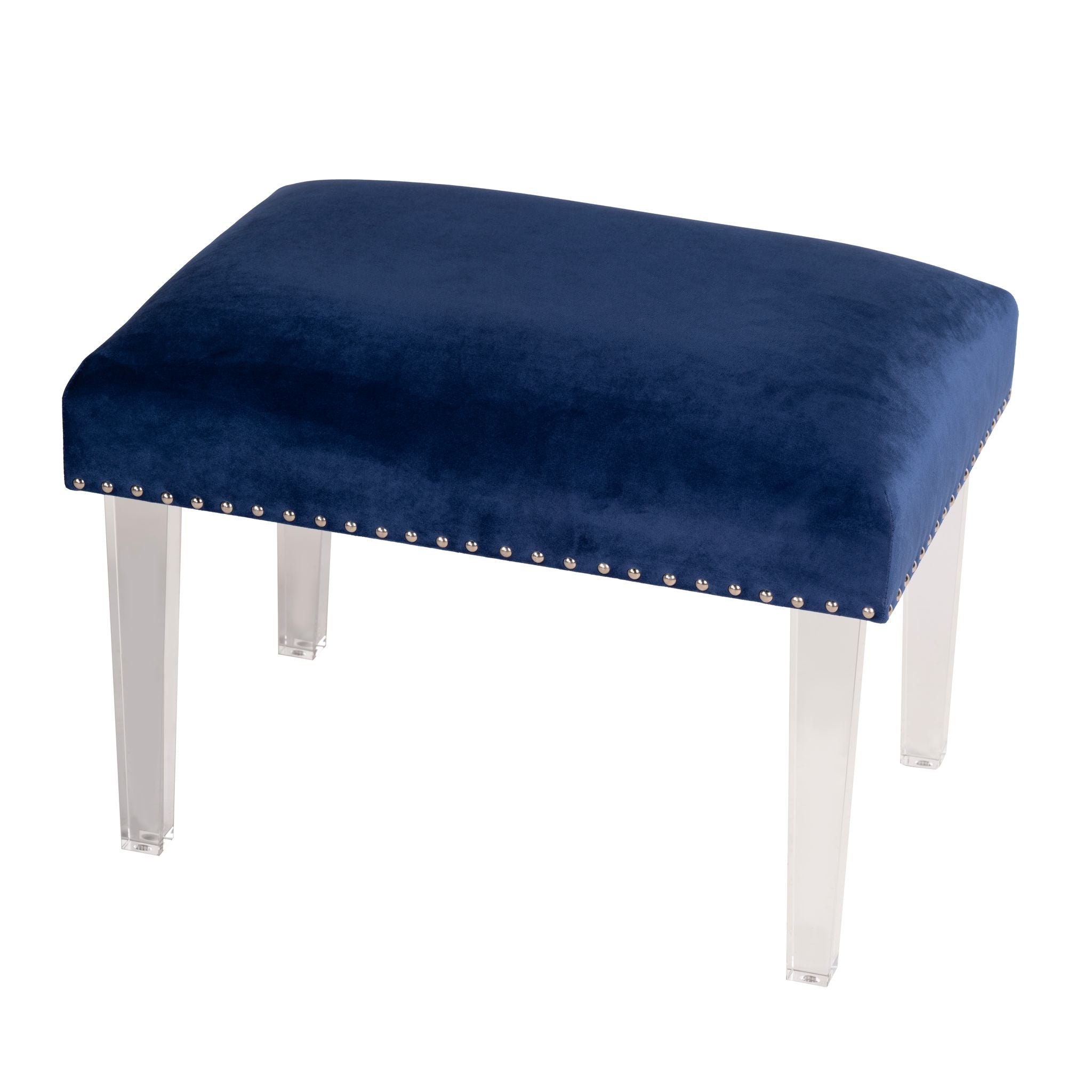 Whitecrest Bench Ottoman with Clear Acrylic Legs 24", Blue Velvet