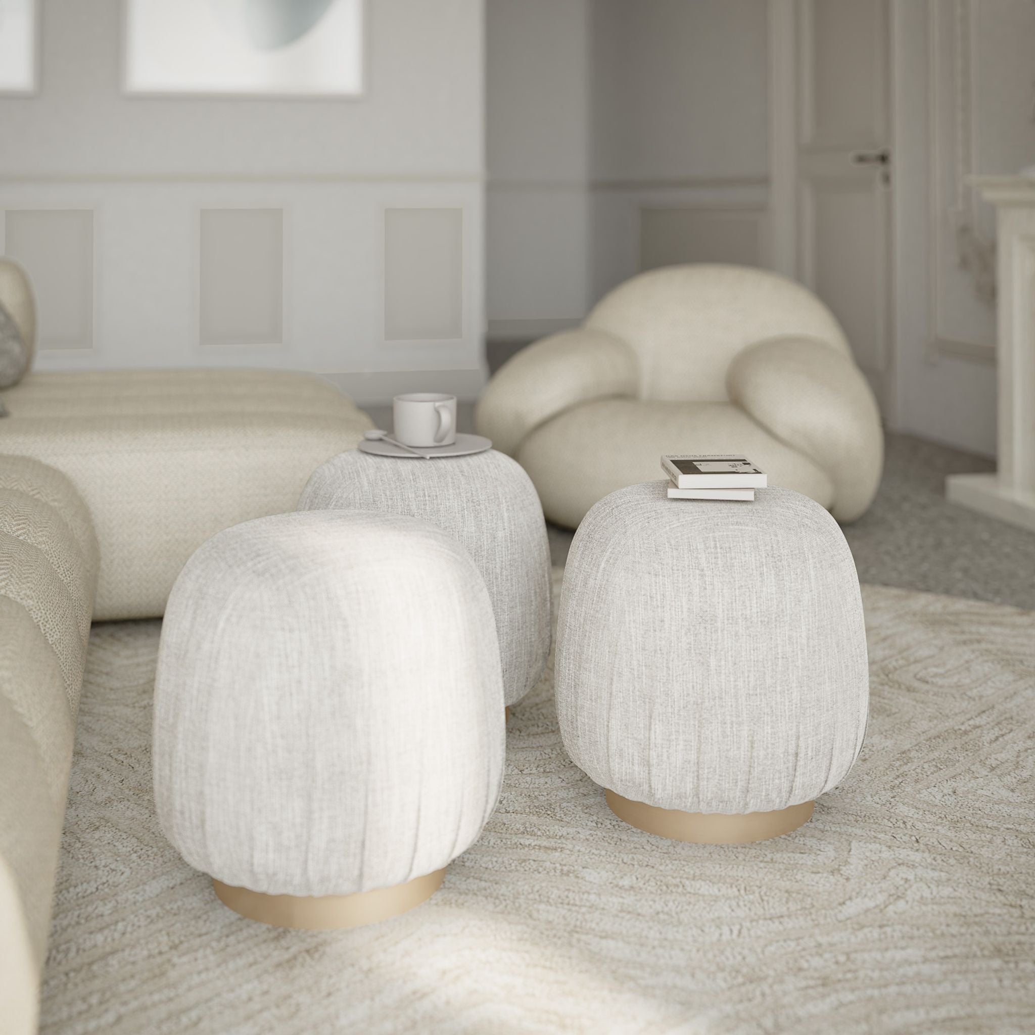 Paulina Round Puff Ottoman, Light Grey with Gold Base, 17"