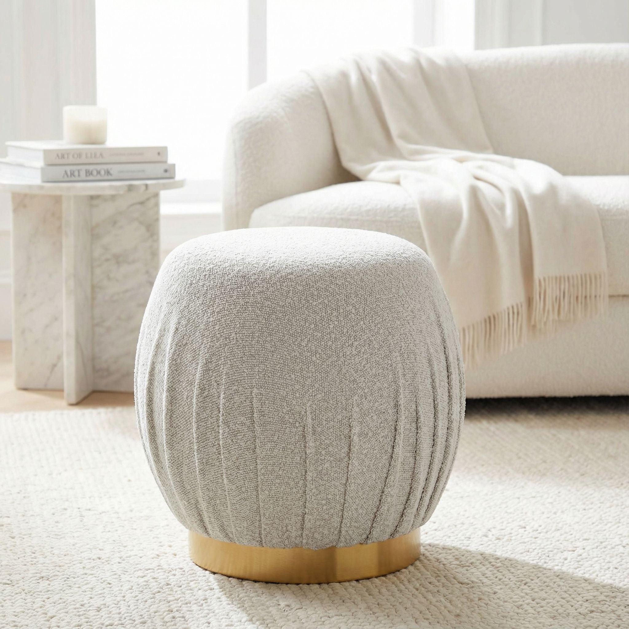 Paulina Round Puff Ottoman, Light Grey with Gold Base, 17"