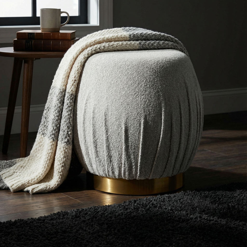 Paulina Round Puff Ottoman, Light Grey with Gold Base, 17"