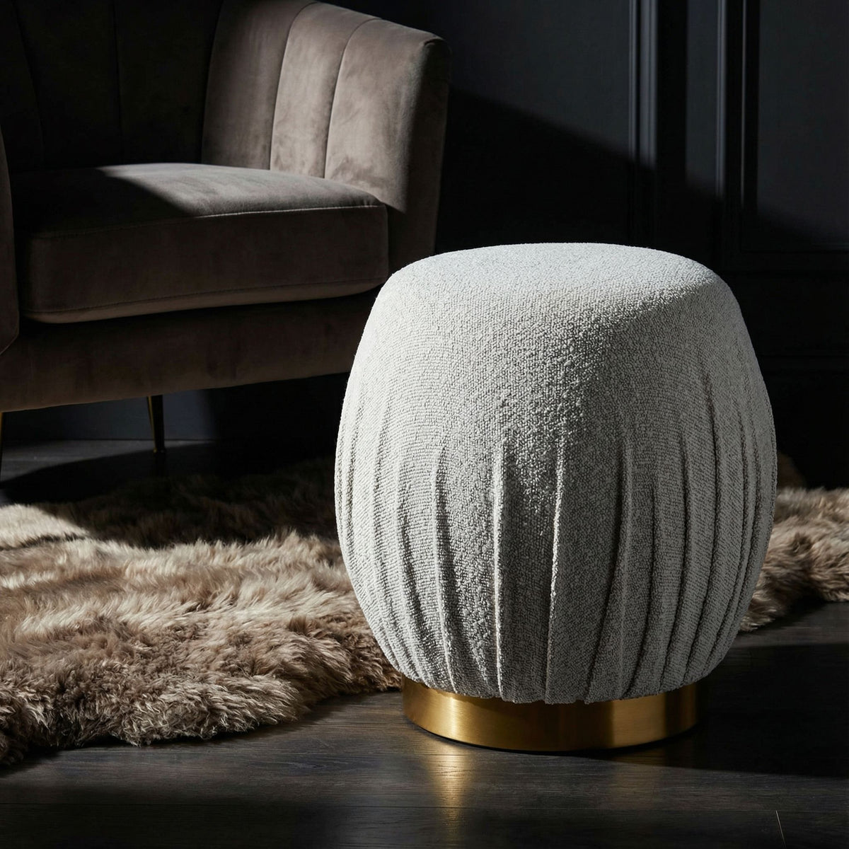 Paulina Round Puff Ottoman, Light Grey with Gold Base, 17"