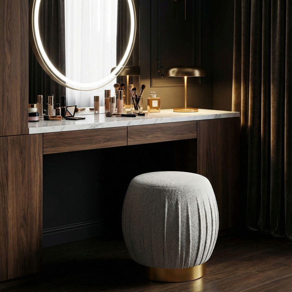 Paulina Round Puff Ottoman, Light Grey with Gold Base, 17"