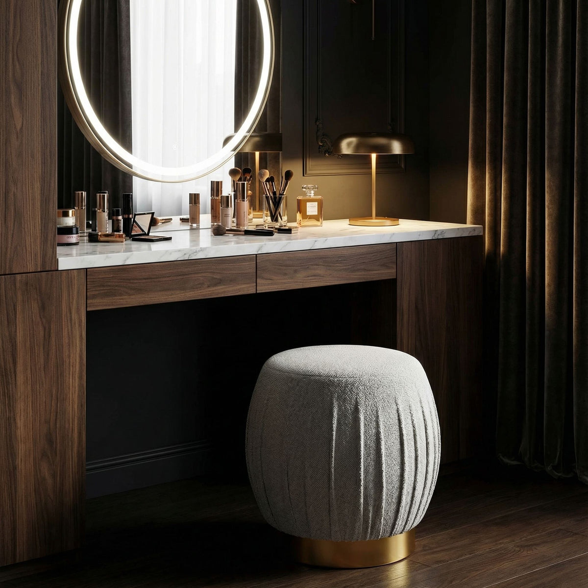 Paulina Round Puff Ottoman, Light Grey with Gold Base, 17"