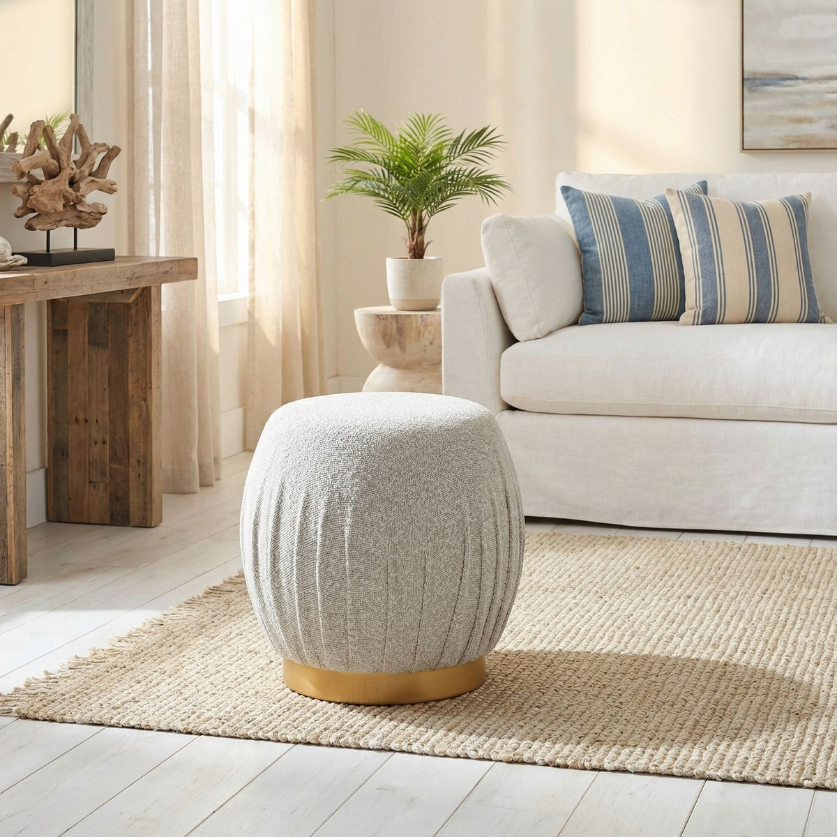 Paulina Round Puff Ottoman, Light Grey with Gold Base, 17"