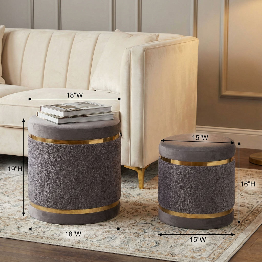 Matri Set of 2 Nesting Ottomans in Soft Gray Fabric with Gold Metal Accent