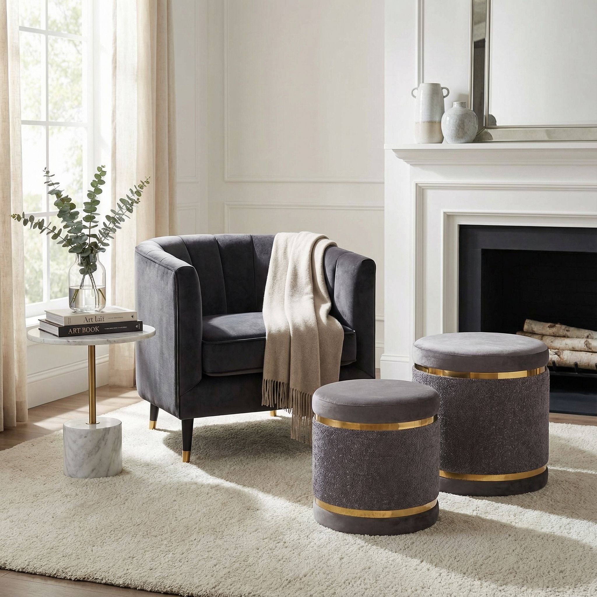 Matri Set of 2 Nesting Ottomans in Soft Gray Fabric with Gold Metal Accent