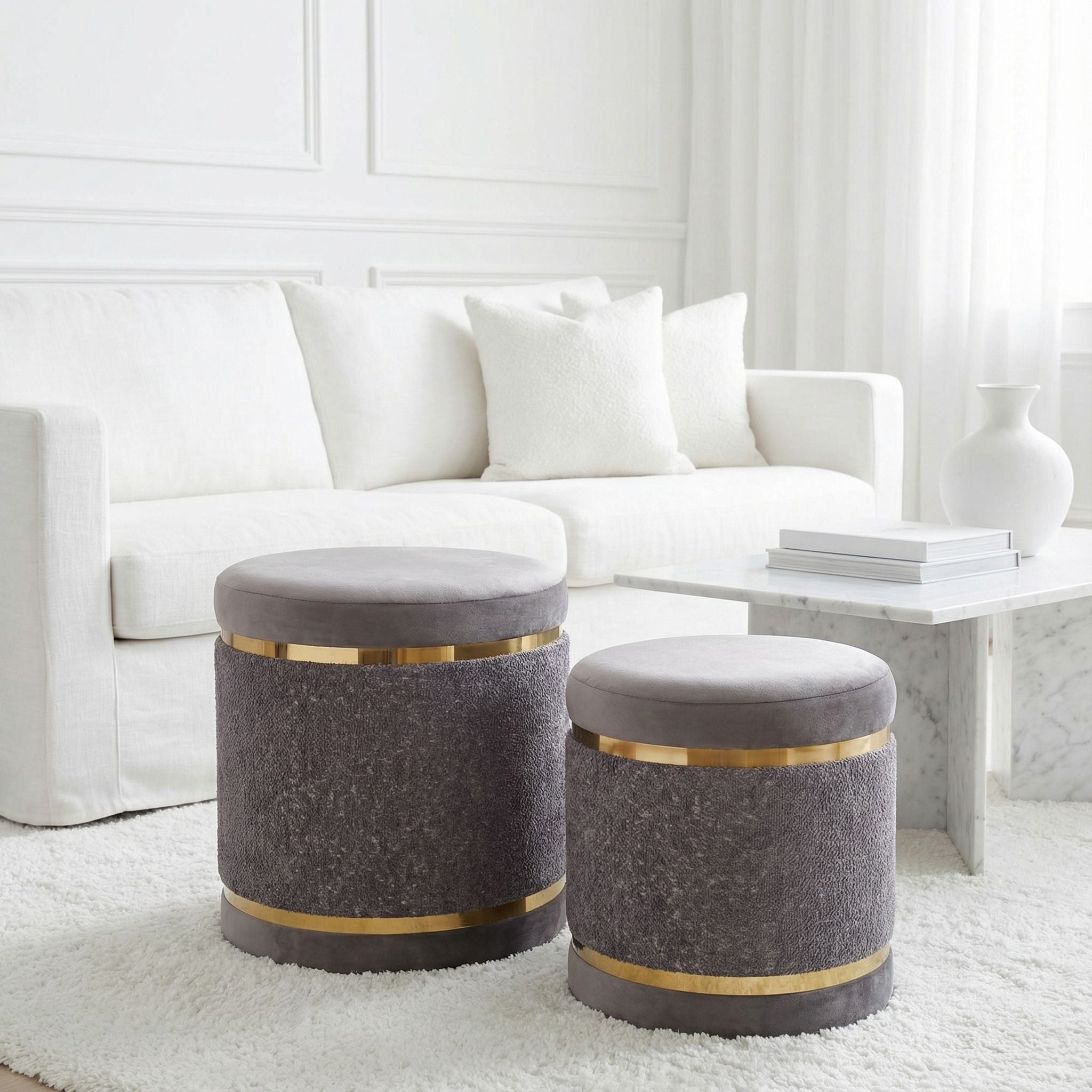 Matri Set of 2 Nesting Ottomans in Soft Gray Fabric with Gold Metal Accent
