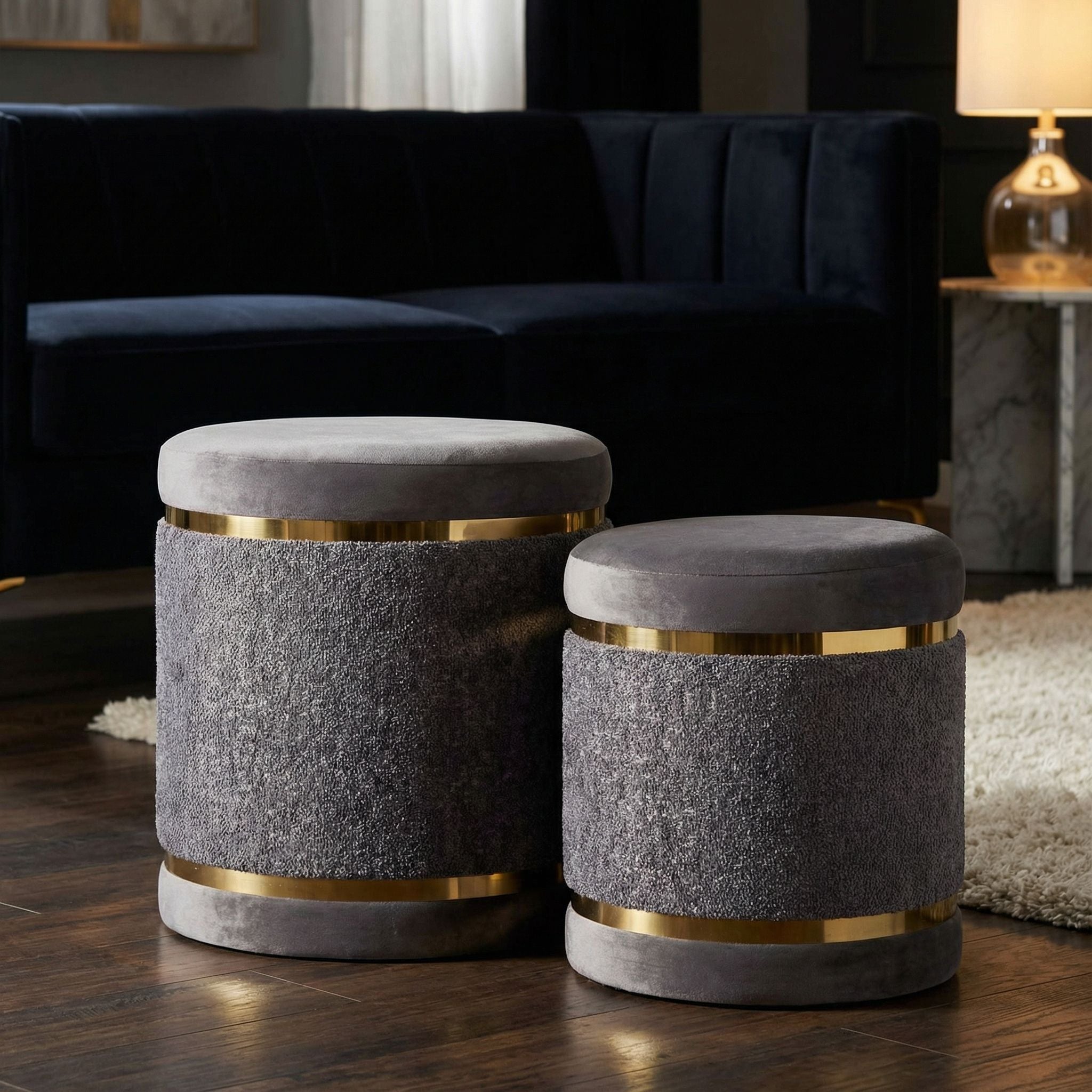 Matri Set of 2 Nesting Ottomans in Soft Gray Fabric with Gold Metal Accent