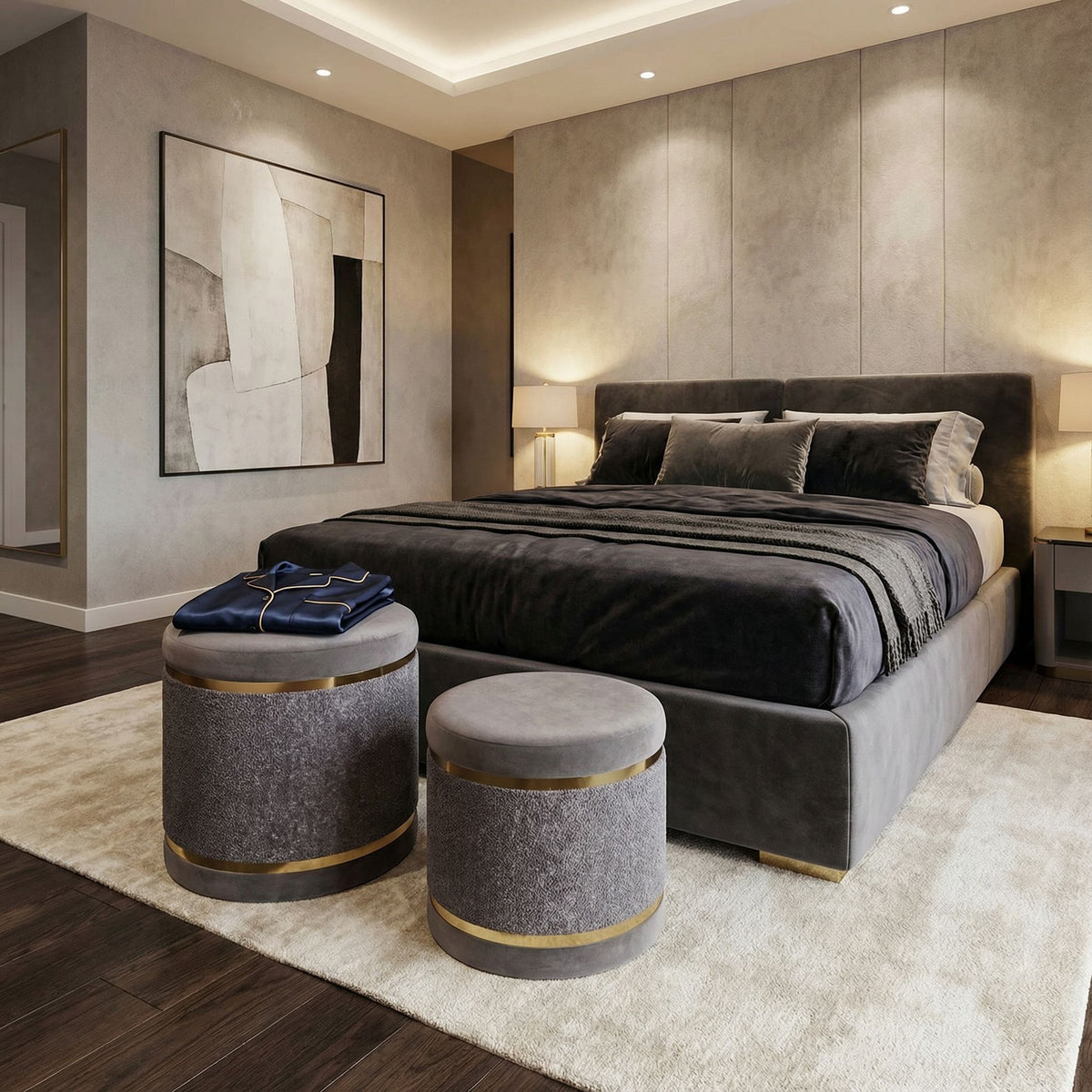 Matri Set of 2 Nesting Ottomans in Soft Gray Fabric with Gold Metal Accent