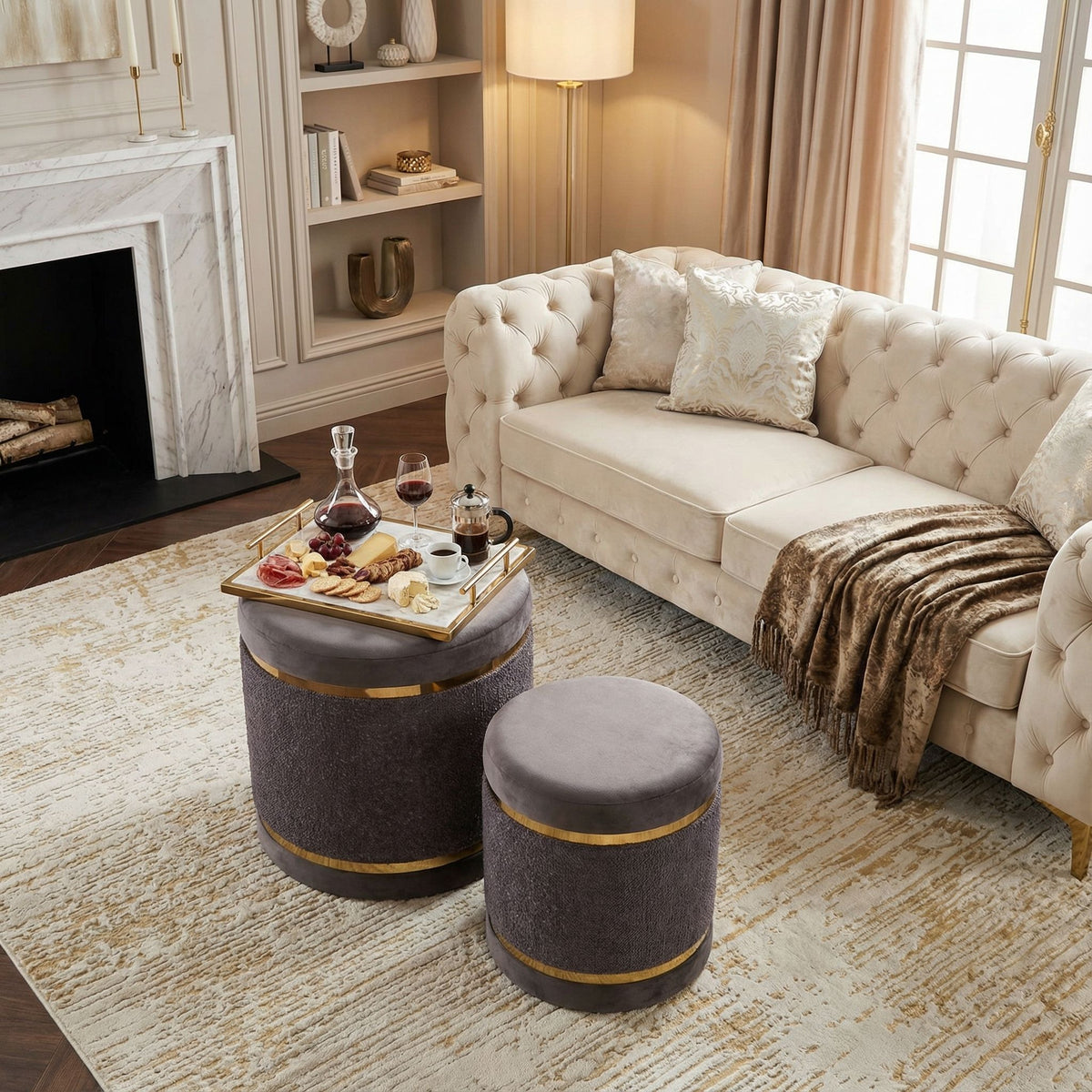 Matri Set of 2 Nesting Ottomans in Soft Gray Fabric with Gold Metal Accent