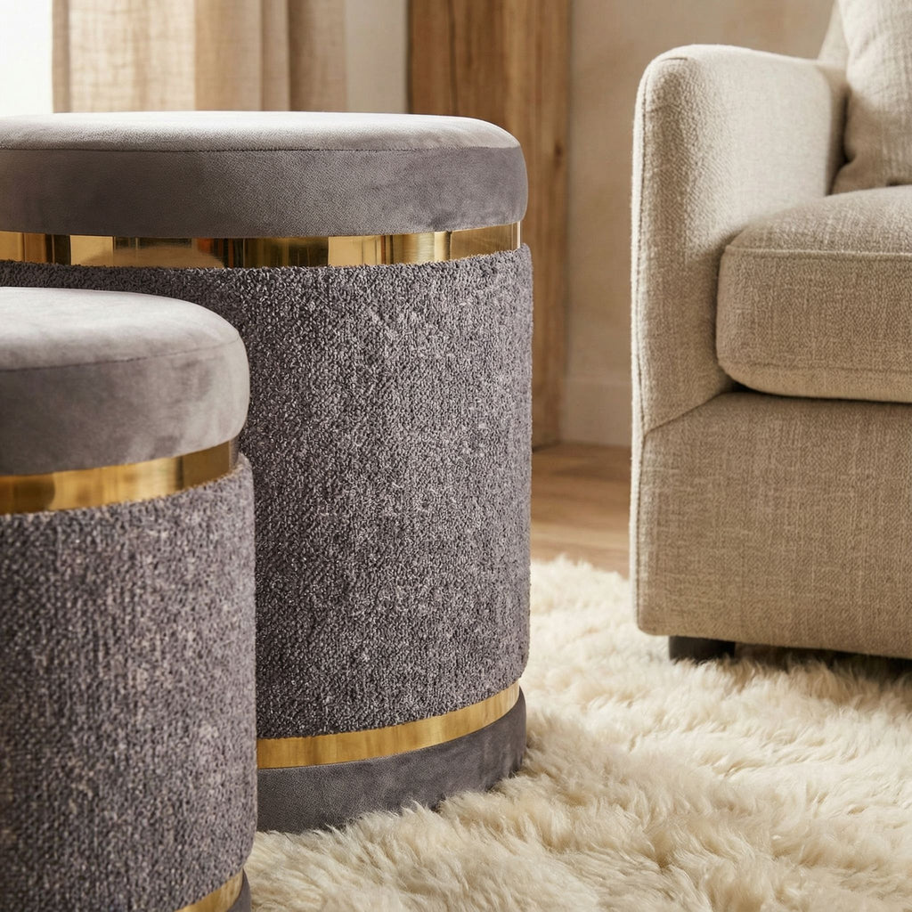 Matri Set of 2 Nesting Ottomans in Soft Gray Fabric with Gold Metal Accent