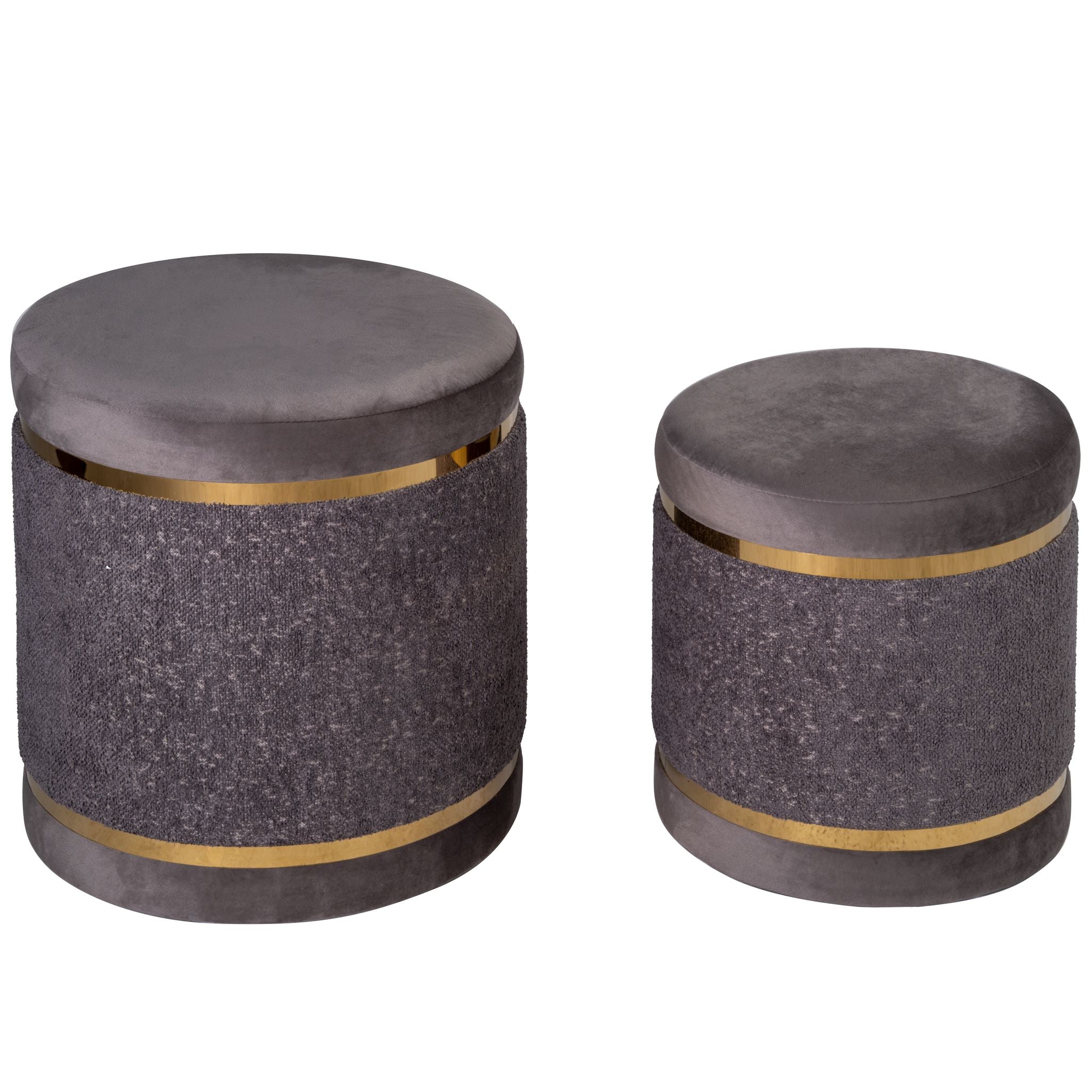 Matri Set of 2 Nesting Ottomans in Soft Gray Fabric with Gold Metal Accent