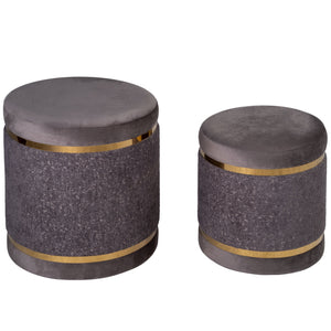 Cortesi Home Matri Set of 2 Nesting Ottomans in Soft Gray Fabric with Gold Metal Accent