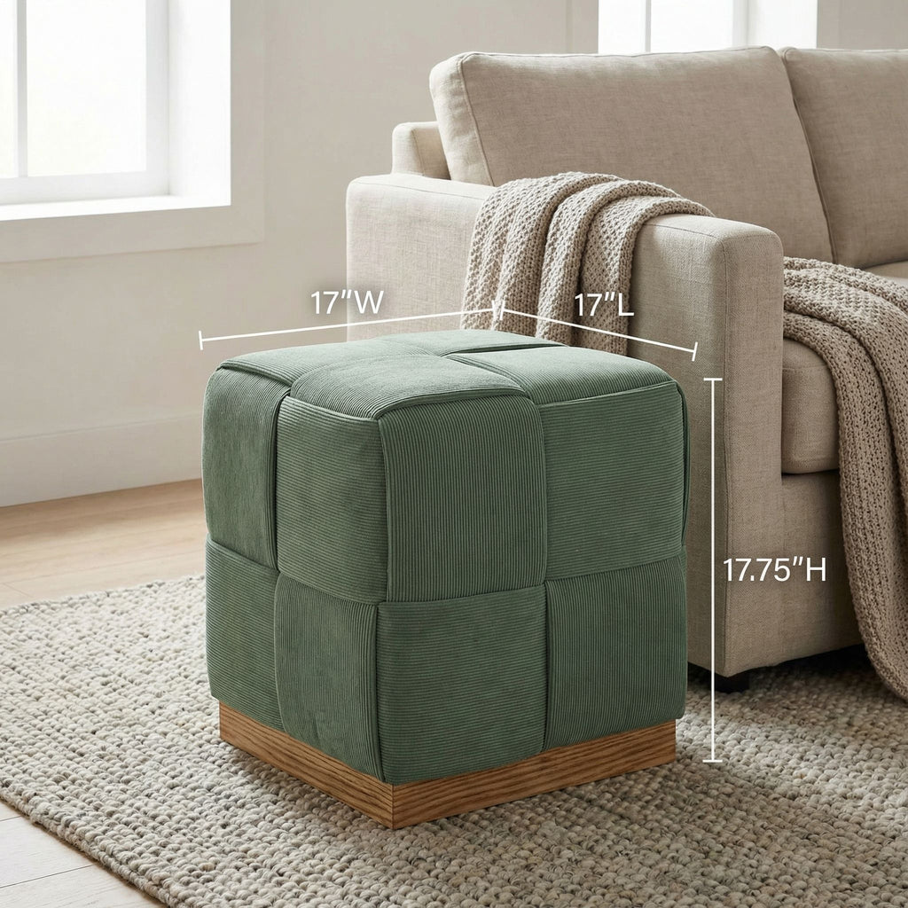 Cortesi Home Nairobi Cube Ottoman in Cordaroy Green Fabric with Oak Wood Base
