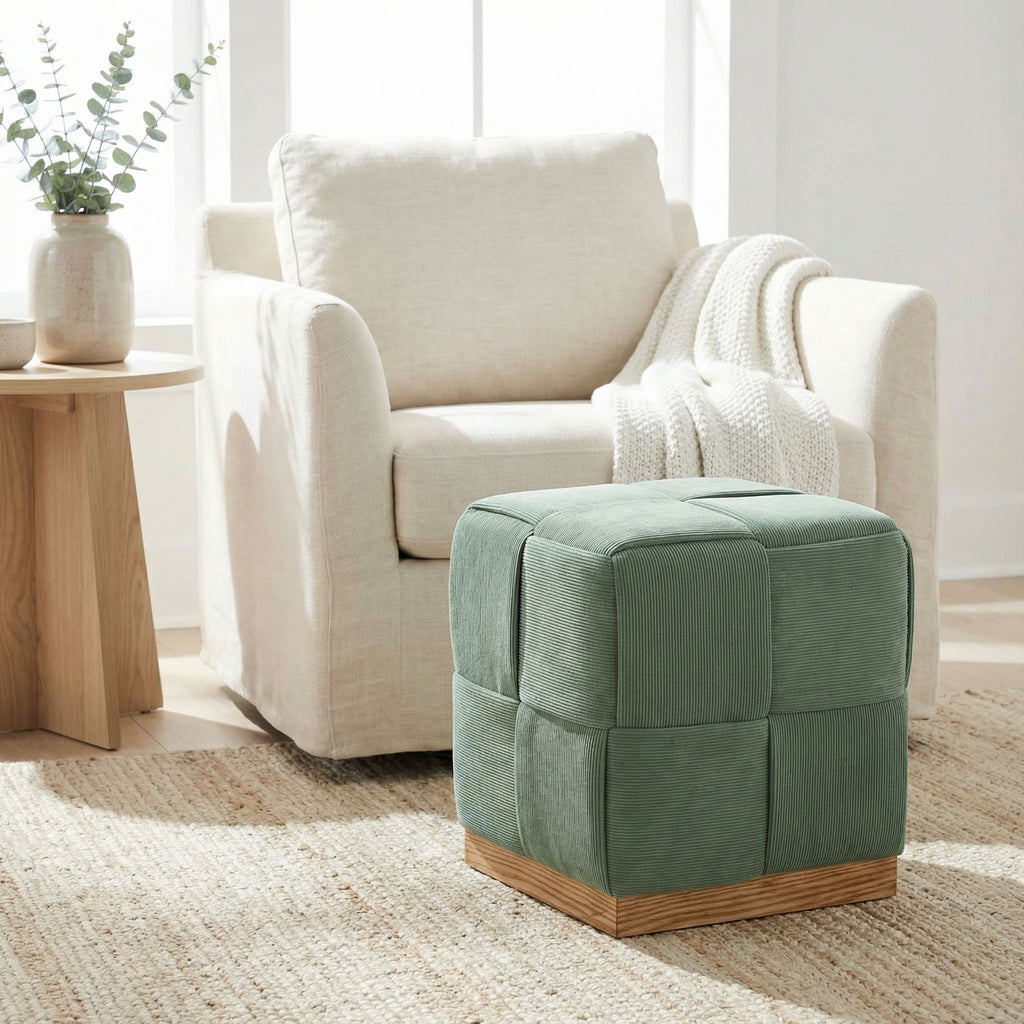 Cortesi Home Nairobi Cube Ottoman in Cordaroy Green Fabric with Oak Wood Base
