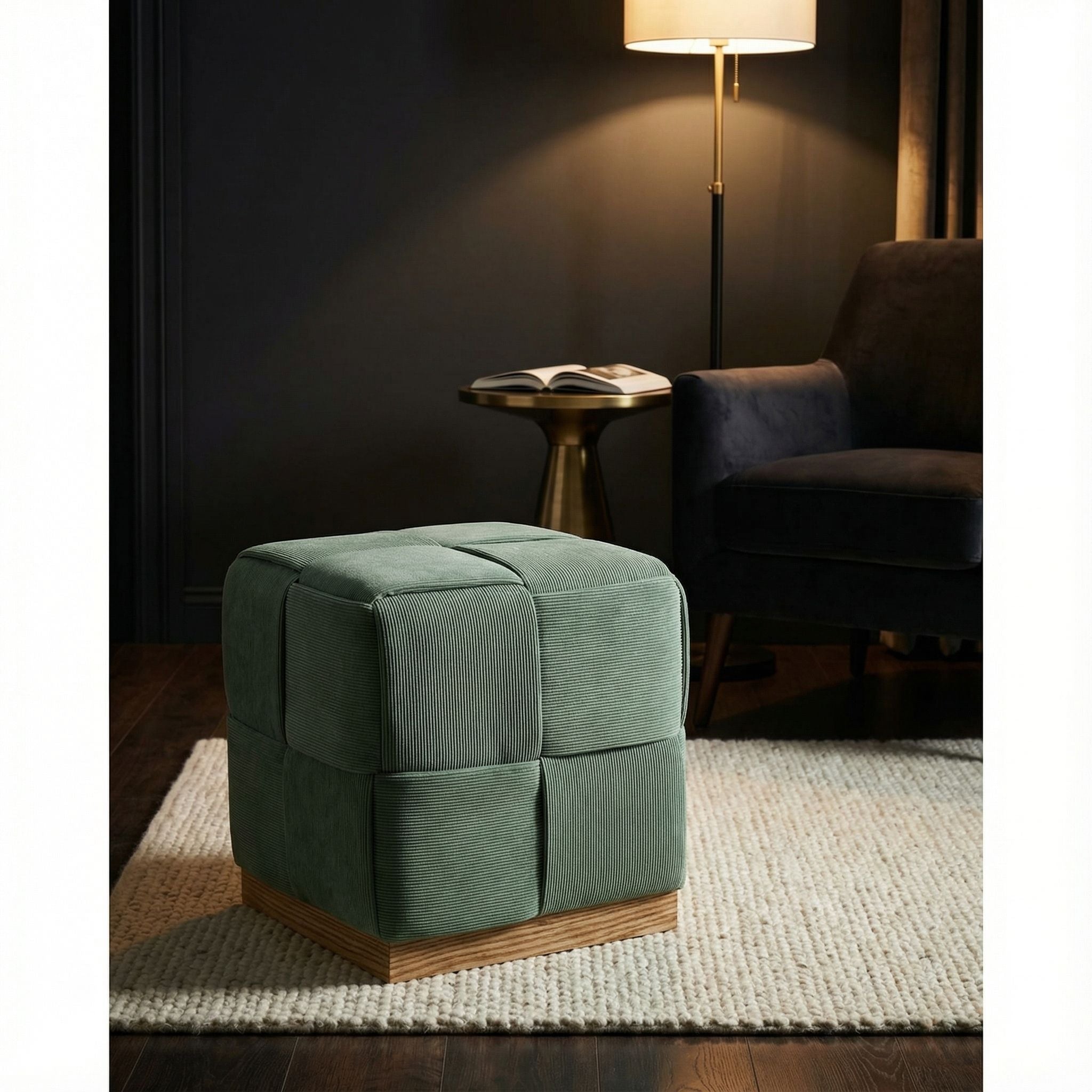 Cortesi Home Nairobi Cube Ottoman in Cordaroy Green Fabric with Oak Wood Base