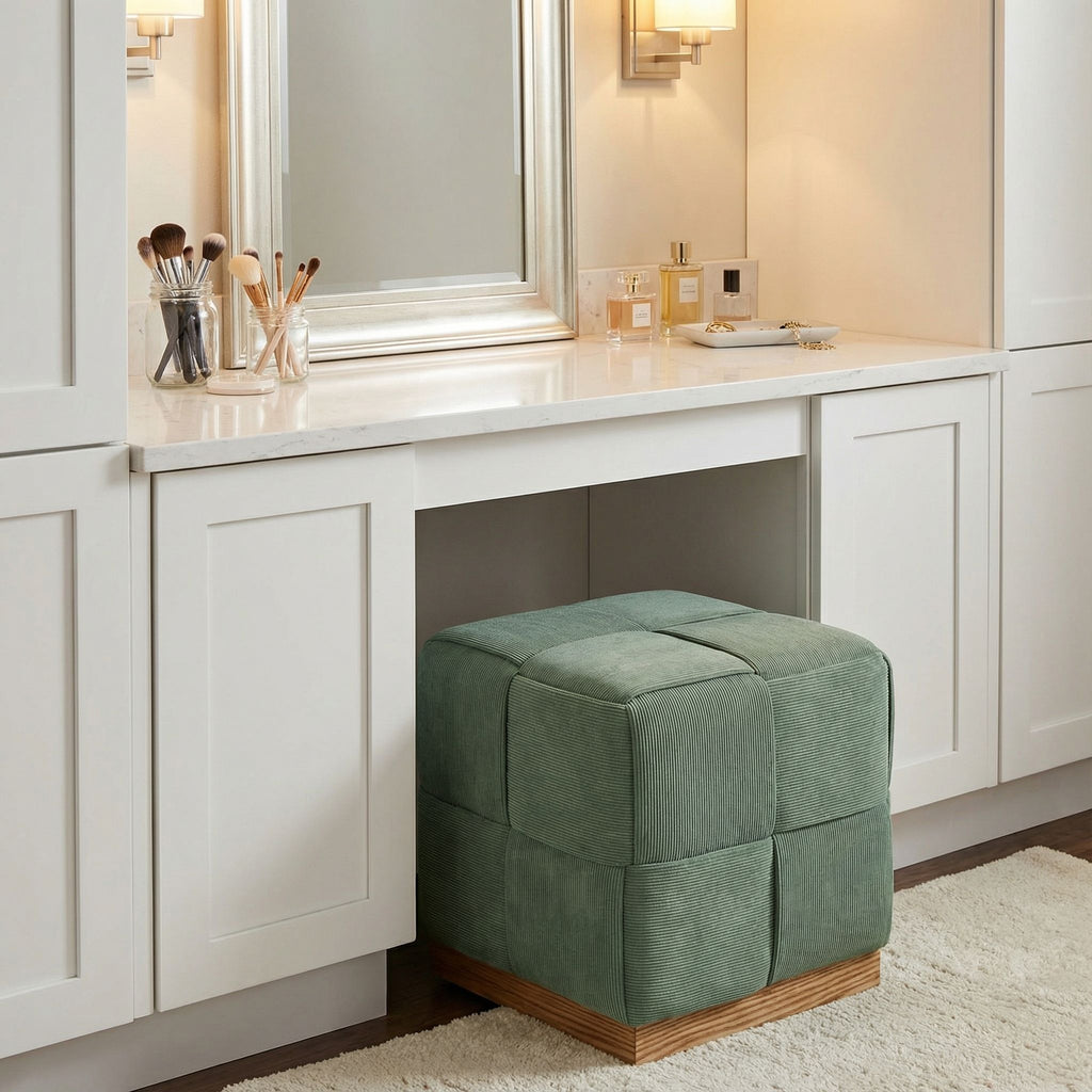 Cortesi Home Nairobi Cube Ottoman in Cordaroy Green Fabric with Oak Wood Base