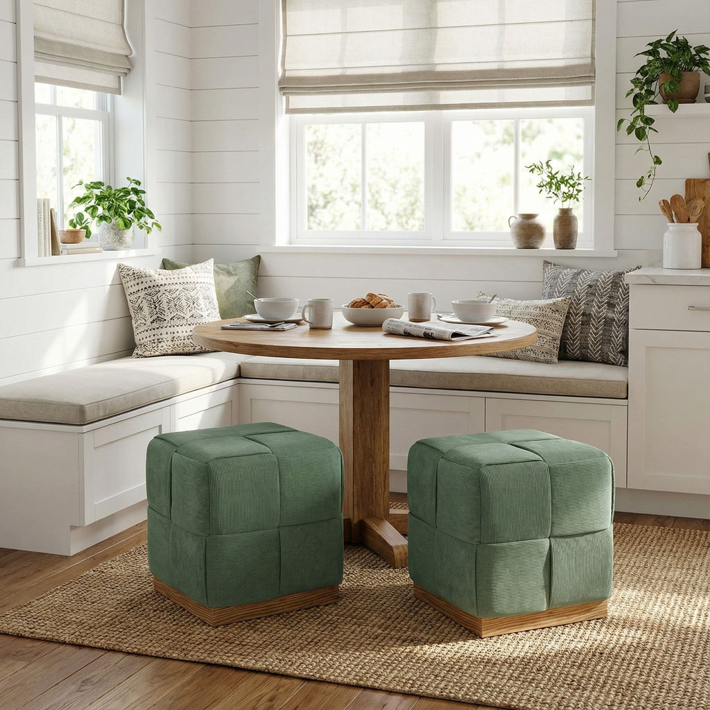 Cortesi Home Nairobi Cube Ottoman in Cordaroy Green Fabric with Oak Wood Base