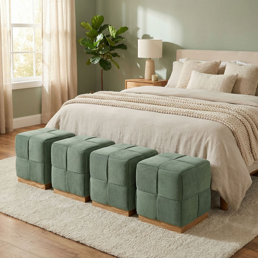 Cortesi Home Nairobi Cube Ottoman in Cordaroy Green Fabric with Oak Wood Base