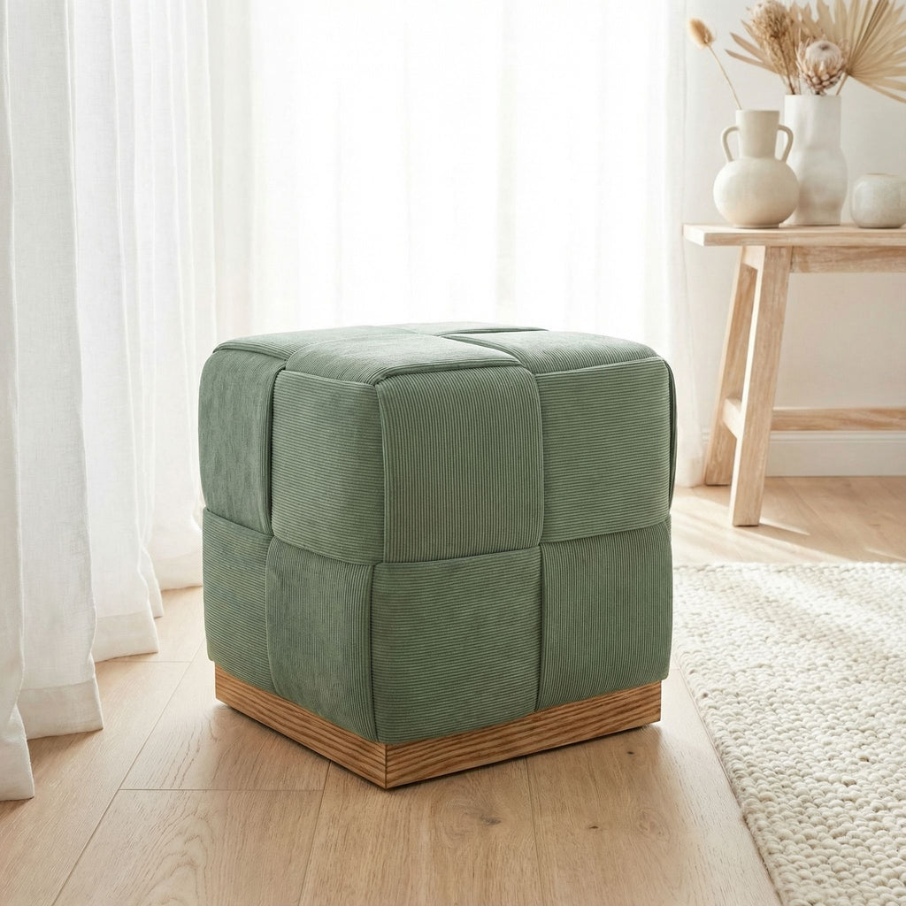 Cortesi Home Nairobi Cube Ottoman in Cordaroy Green Fabric with Oak Wood Base