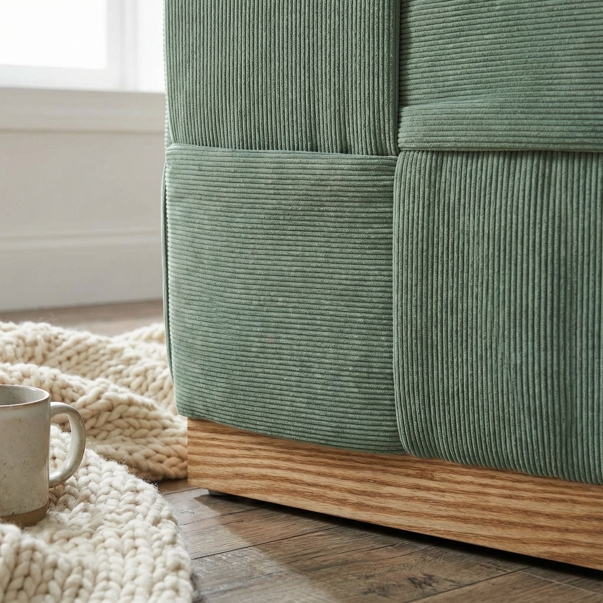 Cortesi Home Nairobi Cube Ottoman in Cordaroy Green Fabric with Oak Wood Base