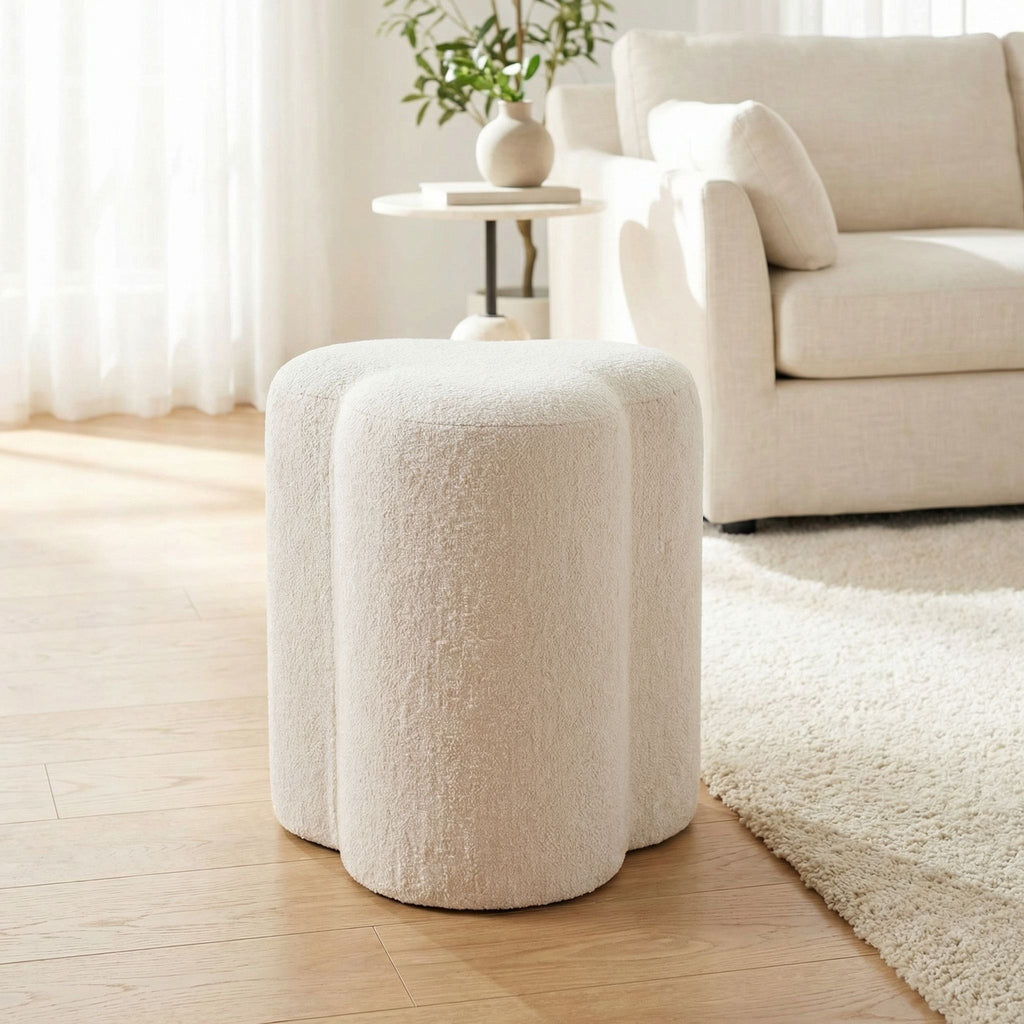 Cortesi Home Clover Ottoman in White Tweed Fabric, Round