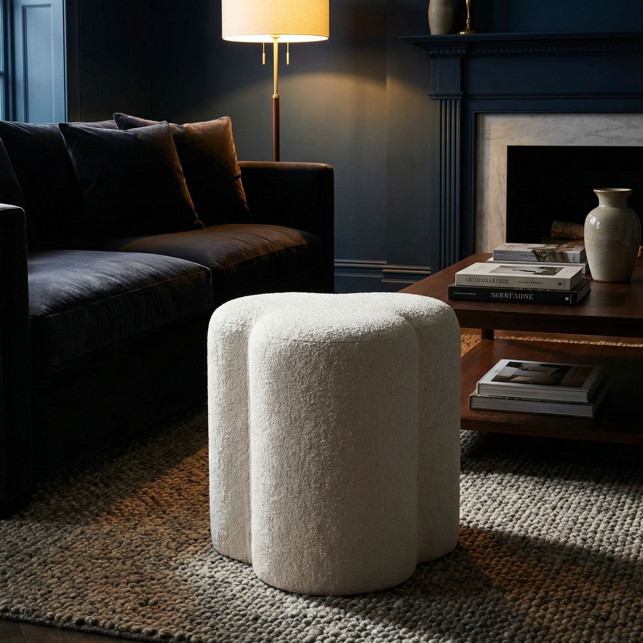 Cortesi Home Clover Ottoman in White Tweed Fabric, Round