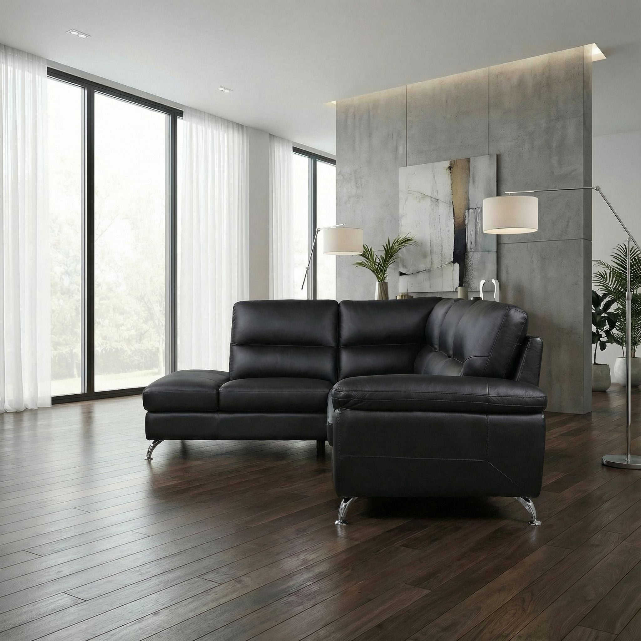Contemporary Boston Genuine Leather Sectional Sofa with Left Chaise Lounge, Black 80"x98"