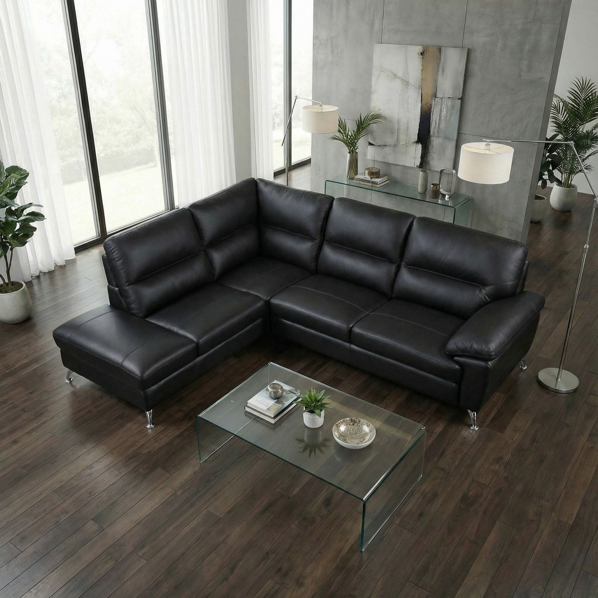 Contemporary Boston Genuine Leather Sectional Sofa with Left Chaise Lounge, Black 80"x98"