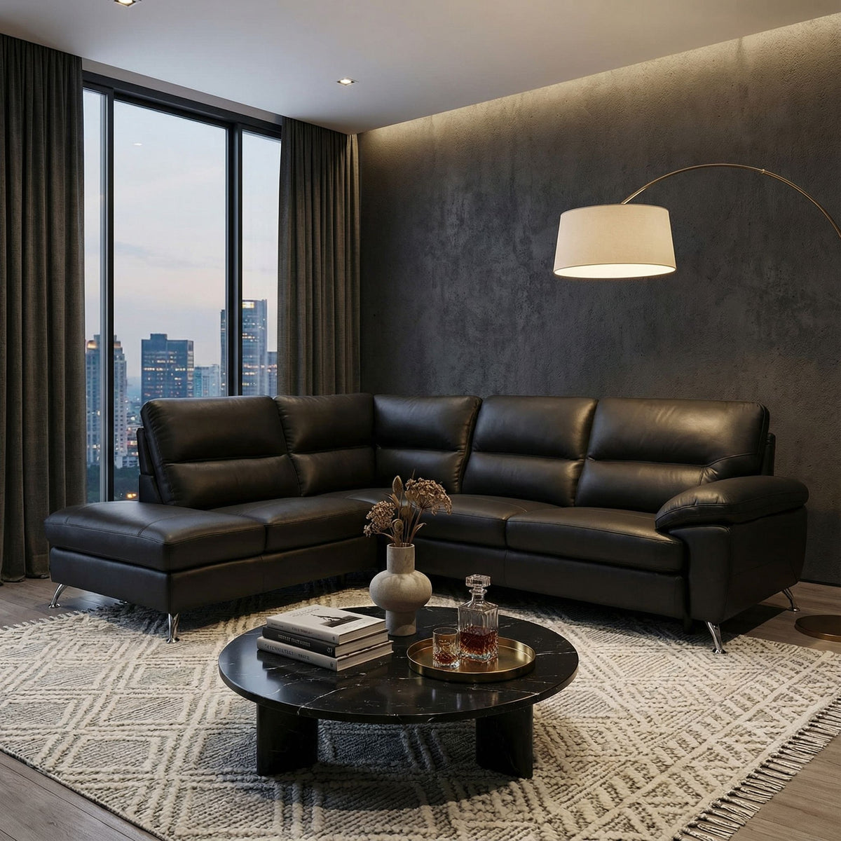 Contemporary Boston Genuine Leather Sectional Sofa with Left Chaise Lounge, Black 80"x98"
