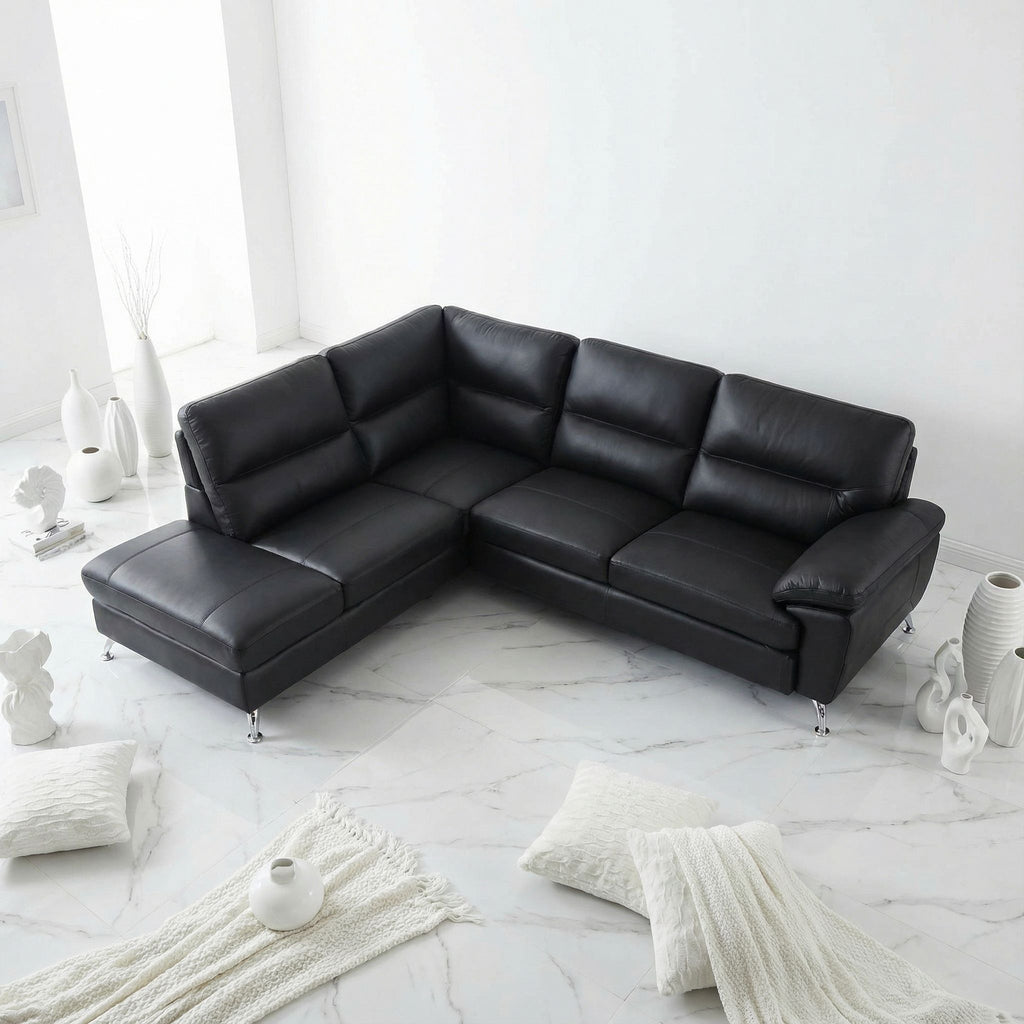 Contemporary Boston Genuine Leather Sectional Sofa with Left Chaise Lounge, Black 80"x98"