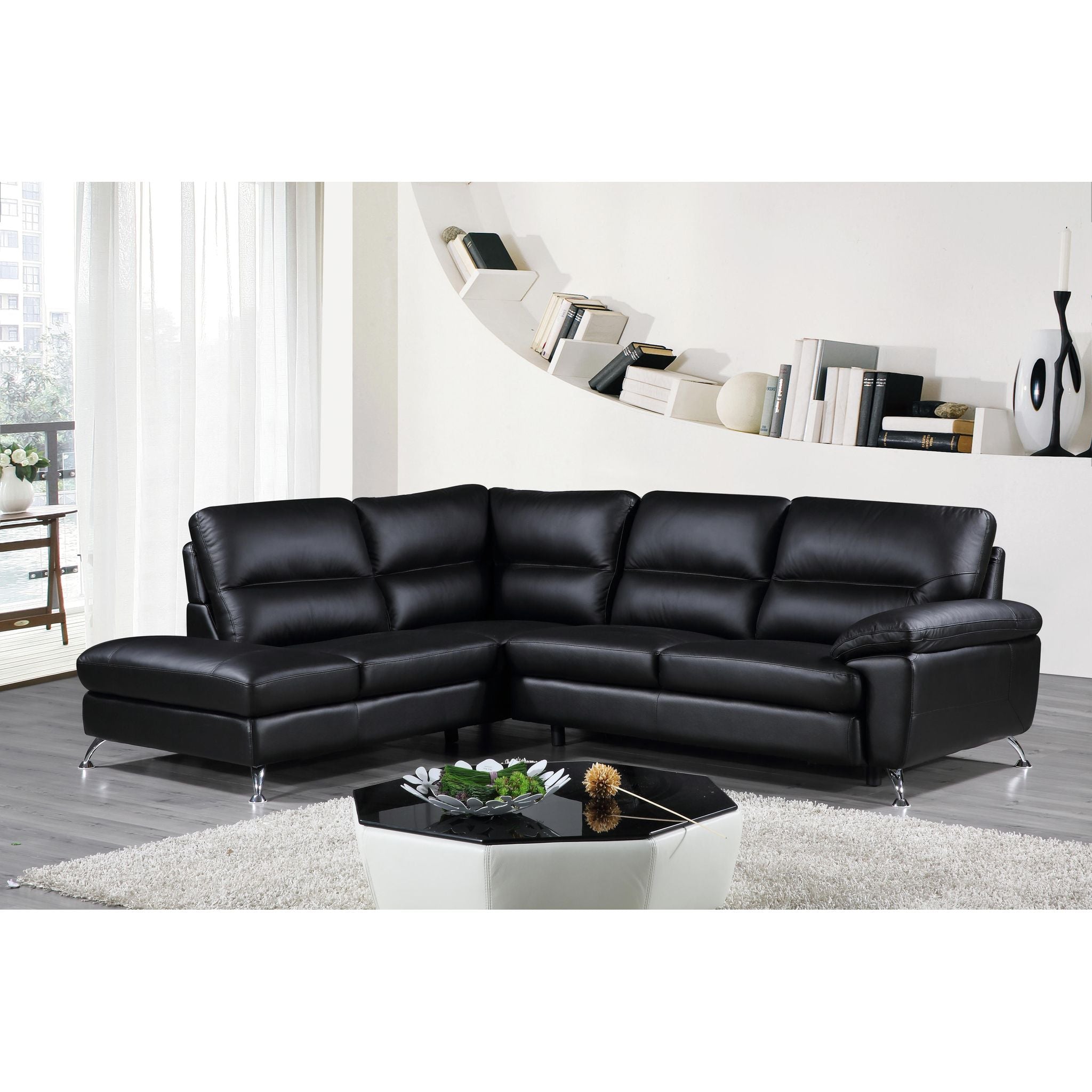 Contemporary Boston Genuine Leather Sectional Sofa with Left Chaise Lounge, Black 80"x98"