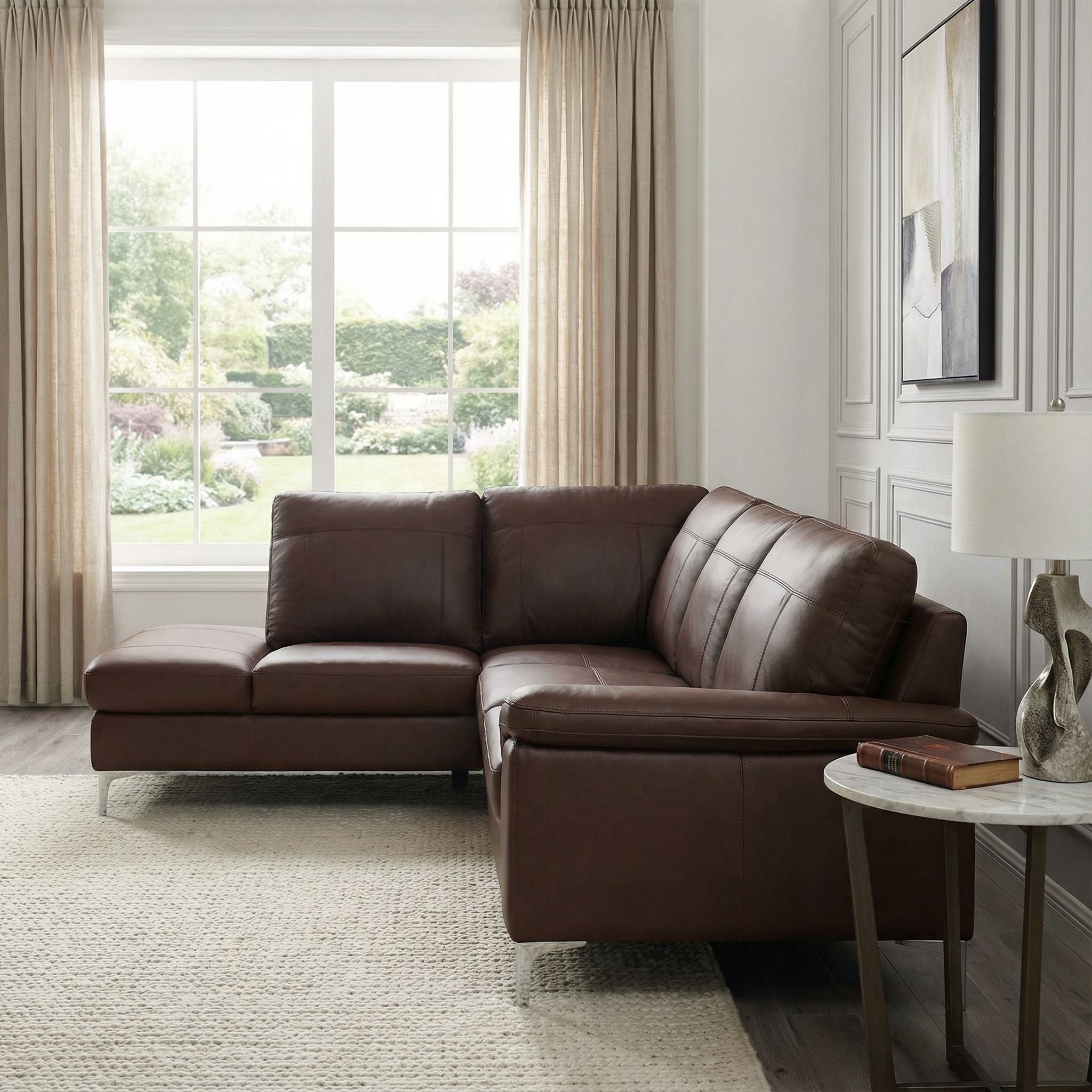 Contemporary Dallas Genuine Leather Sectional Sofa with Left Side Facing Chaise Lounge, Brown 80"x98"