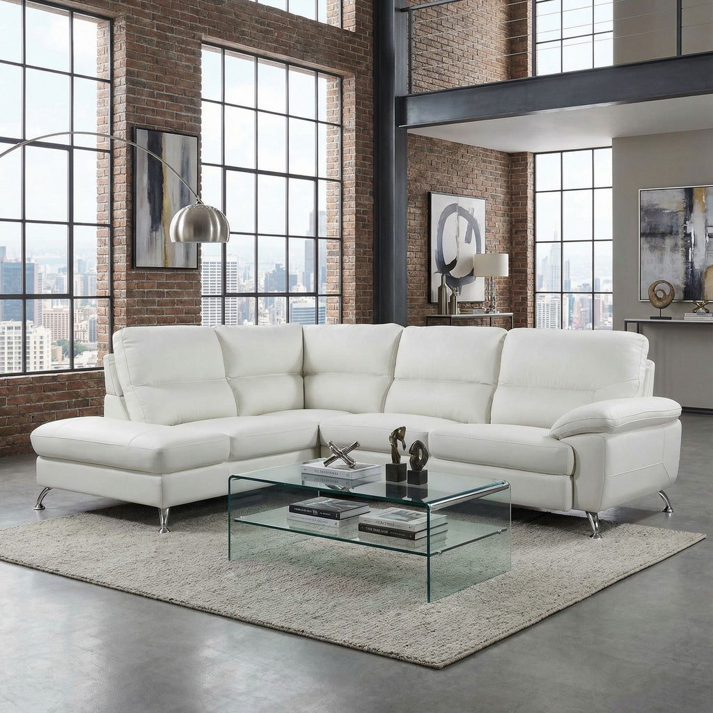 Cortesi Home Contemporary  Miami Genuine Leather Sectional Sofa with Left Facing Chaise Lounge, Off White 80"x98"