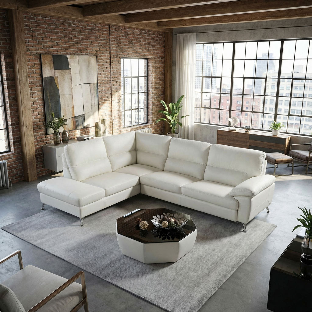 Cortesi Home Contemporary  Miami Genuine Leather Sectional Sofa with Left Facing Chaise Lounge, Off White 80"x98"
